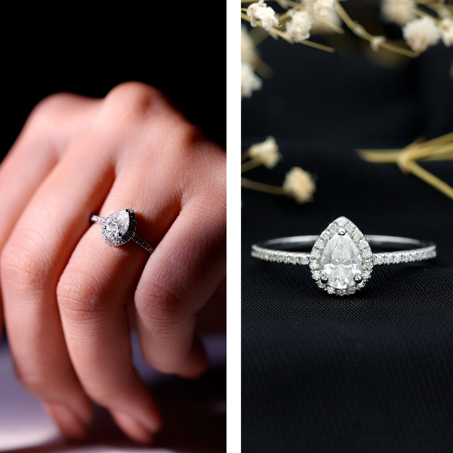 Certified 0.7 Carat Pear Shaped Moissanite Halo Engagement Ring