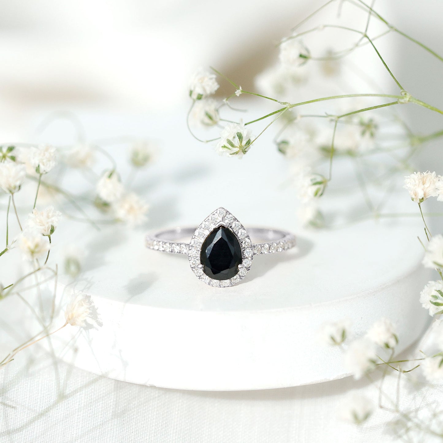 Certified 0.85 Carat Lab Grown Black Diamond Teardrop Engagement Ring with White Diamond Halo