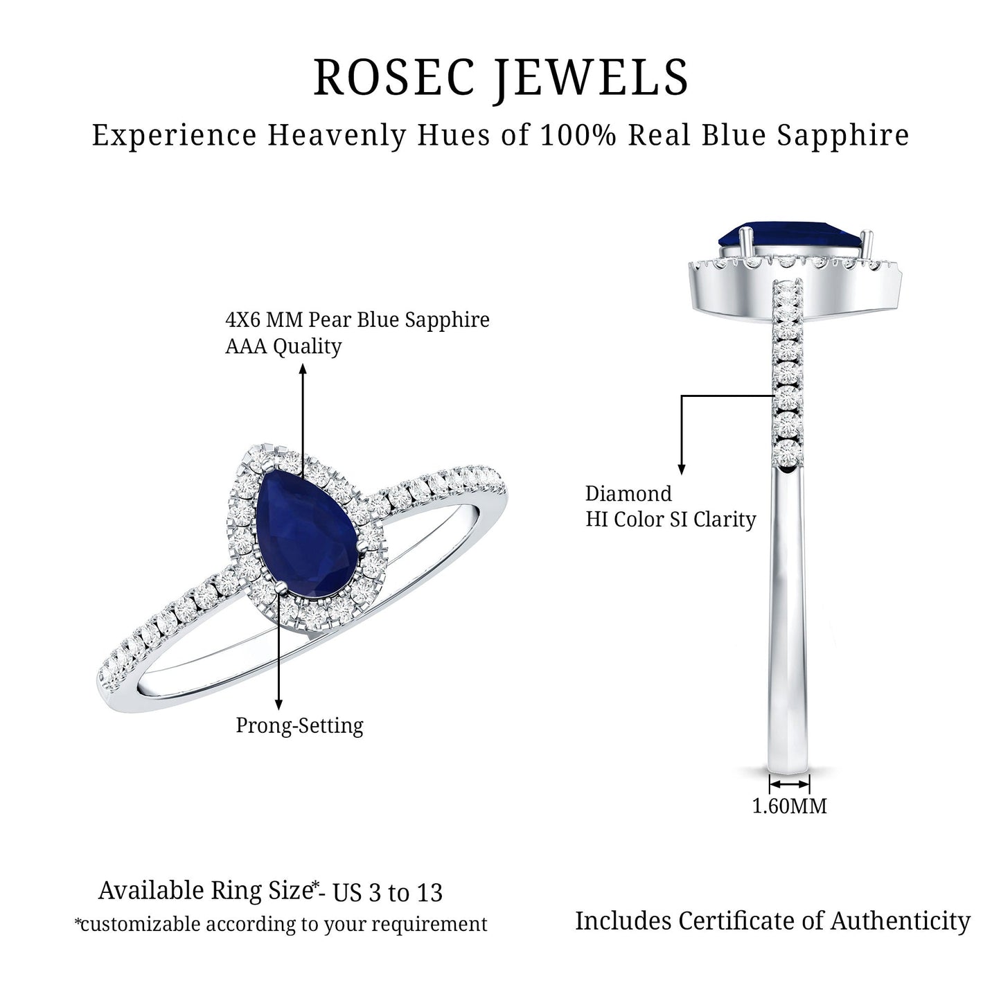 Natural Half Carat Blue Sapphire Teardrop Engagement Ring with Diamond Halo