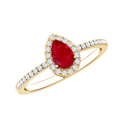 Natural Ruby Teardrop Ring with Diamond Halo