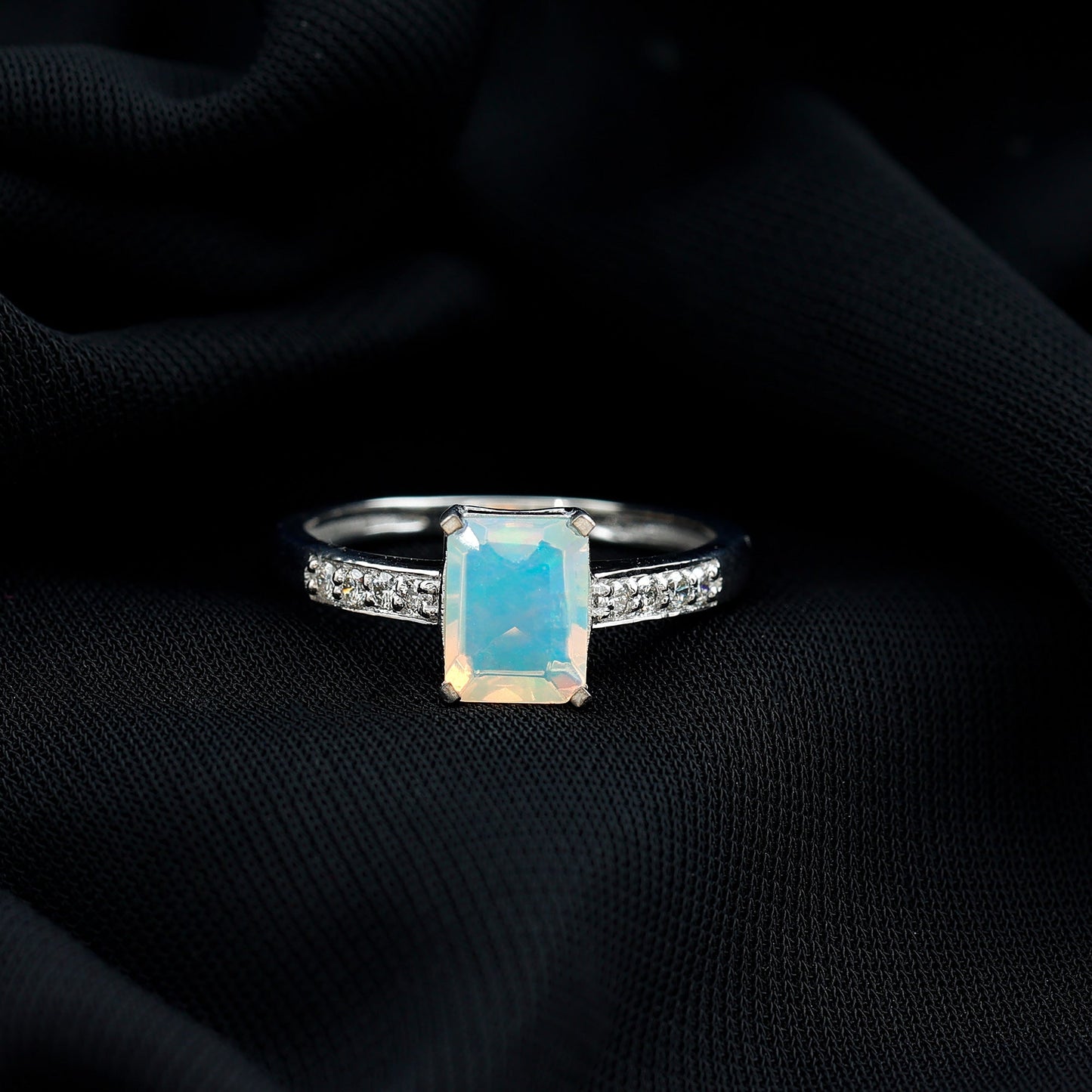 Genuine Ethiopian Opal 2 Carat Emerald Cut Engagement Ring with Diamond