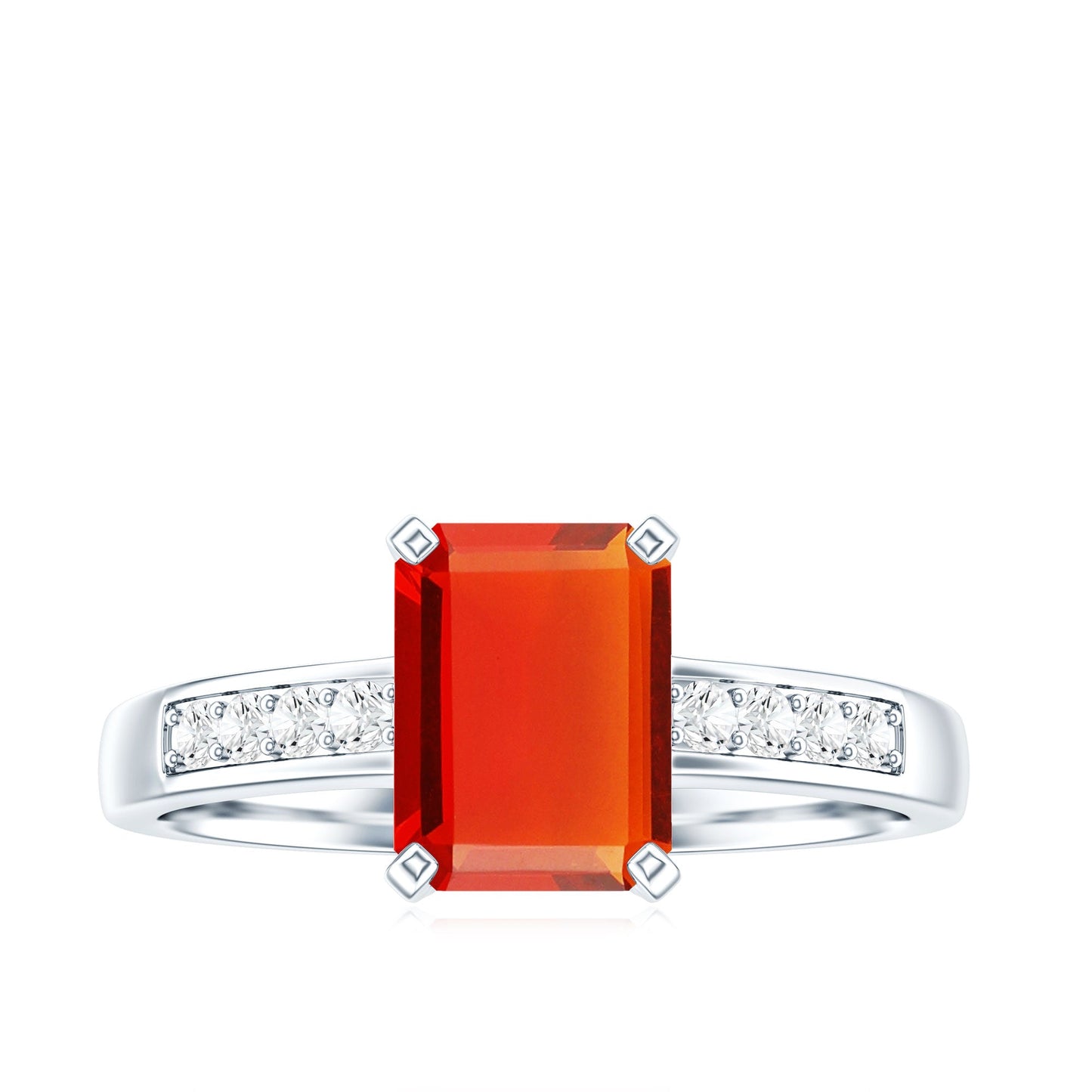 Emerald Cut Real Fire Opal Solitaire Engagement Ring with Diamond
