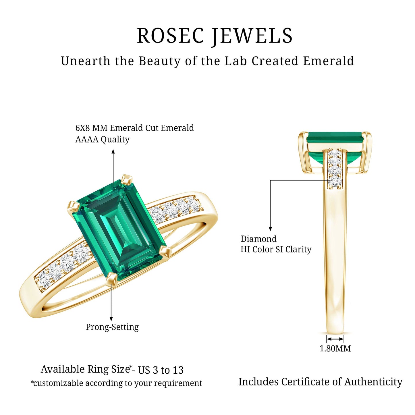 Octagon Lab Grown Emerald Solitaire Engagement Ring with Diamond