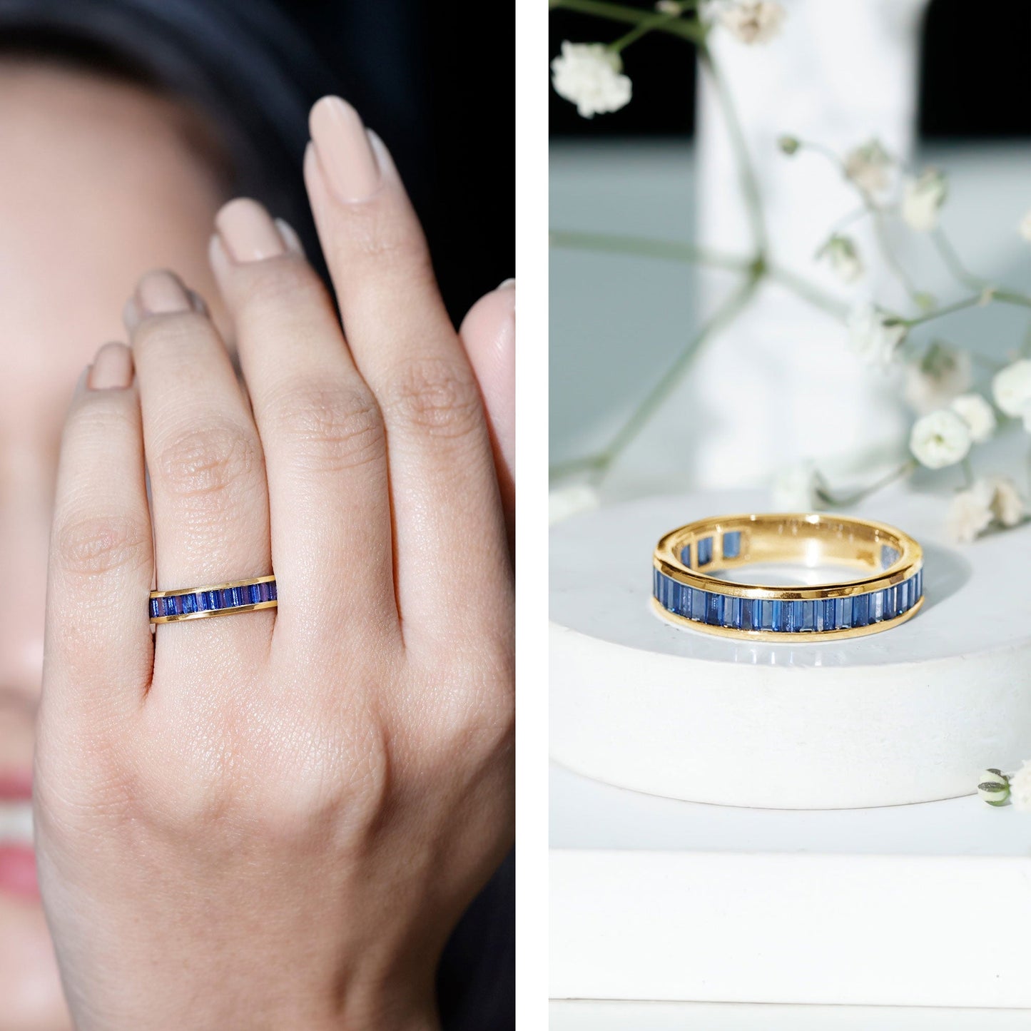 Certified Lab Grown Blue Sapphire Baguette Eternity Band Ring for Women