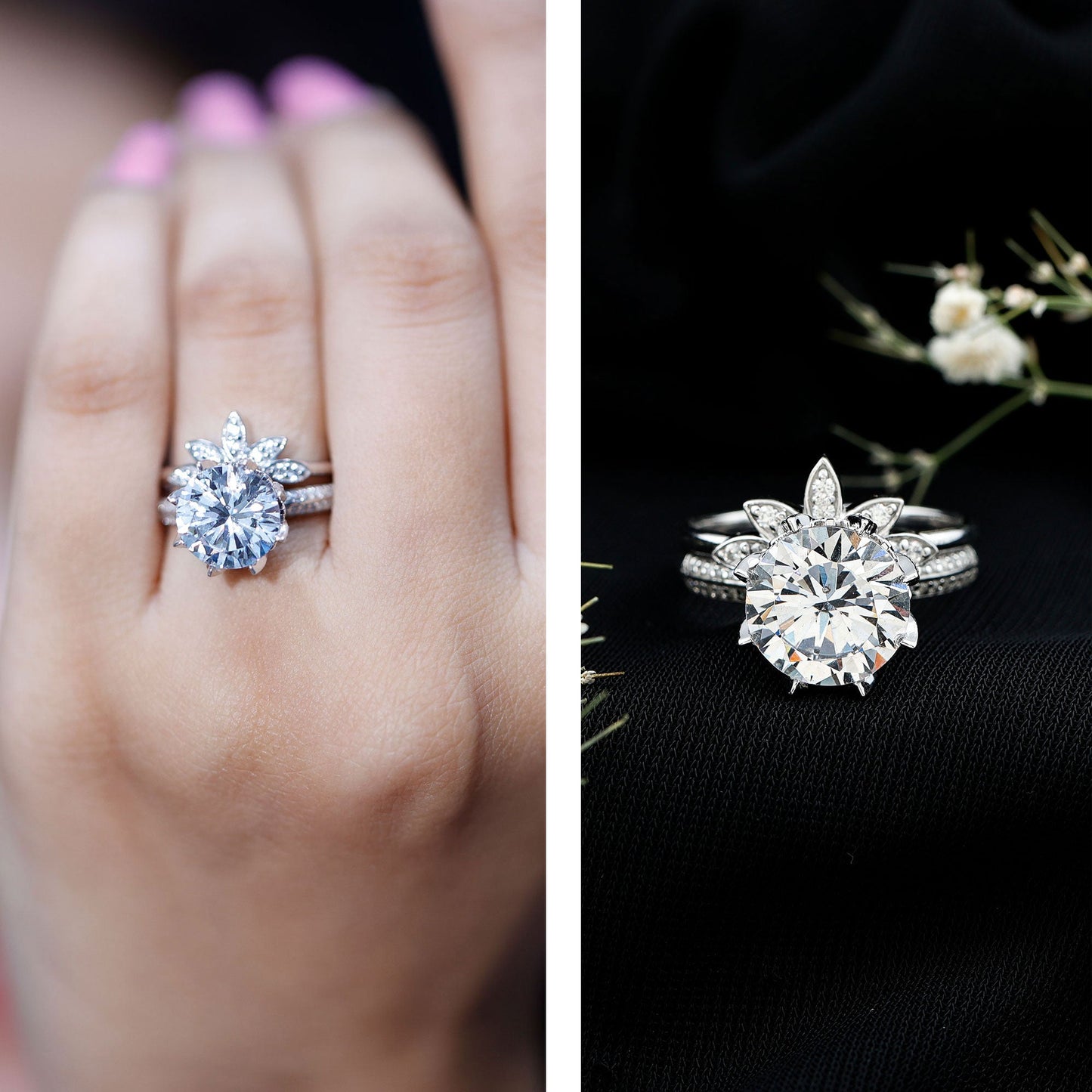 4.4 Carat Round Moissanite Flower Engagement Ring With Enhancer