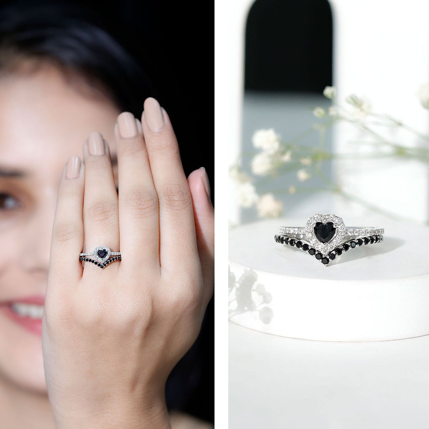 Black Onyx and Diamond Heart Engagement Ring With Ring Guard