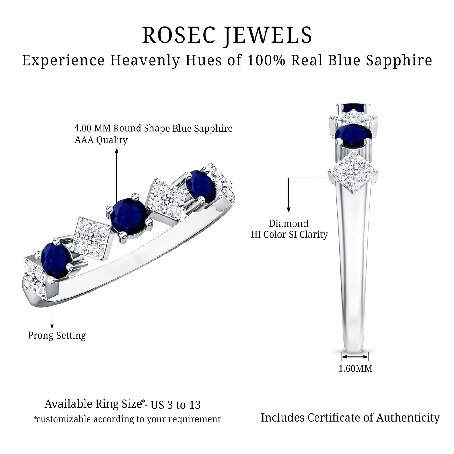 Natural Blue Sapphire and Diamond Half Eternity Band Ring for Women