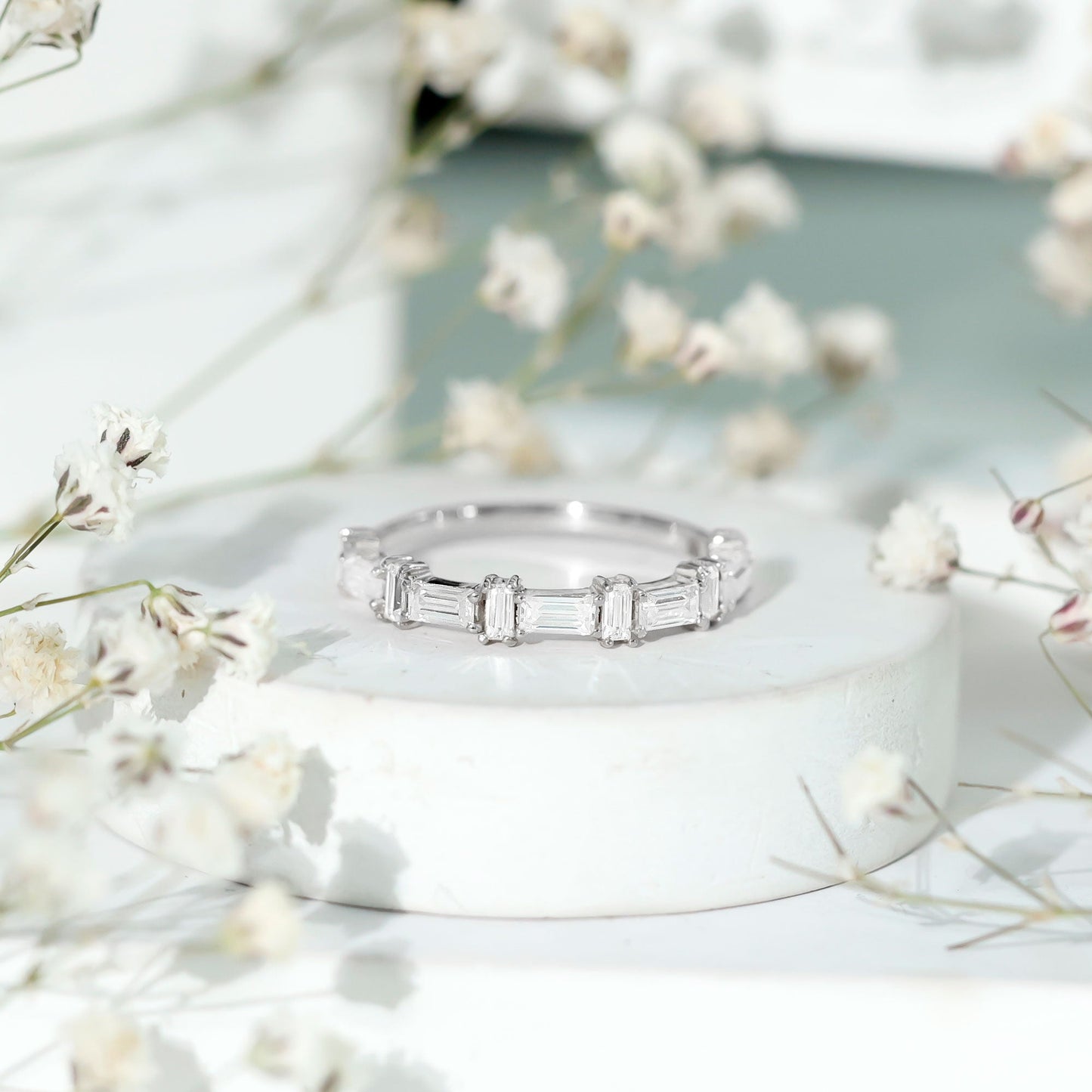 Baguette Cut Moissanite Designer Half Eternity Ring