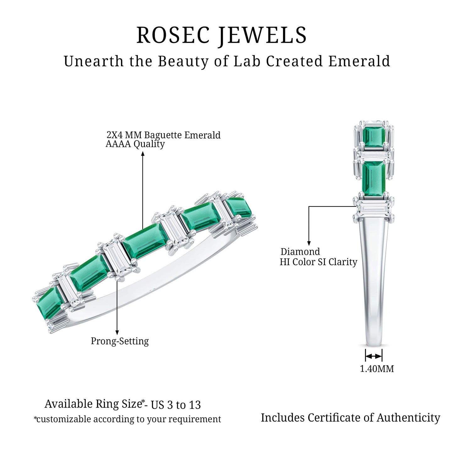 Certified Baguette Lab Grown Emerald Diamond Half Eternity Ring