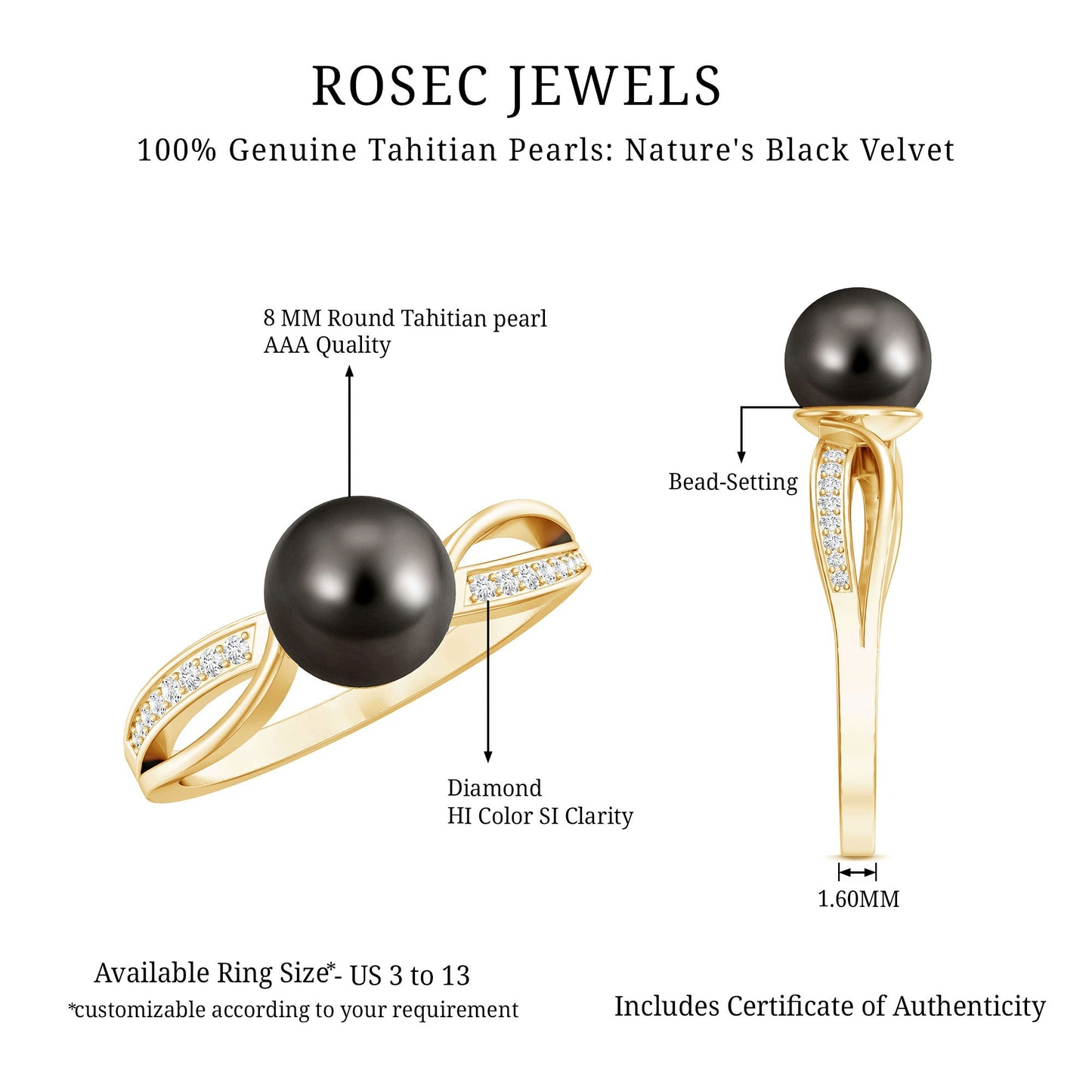 7.5 Carat Solitaire Tahitian Pearl Engagement Ring with Diamond
