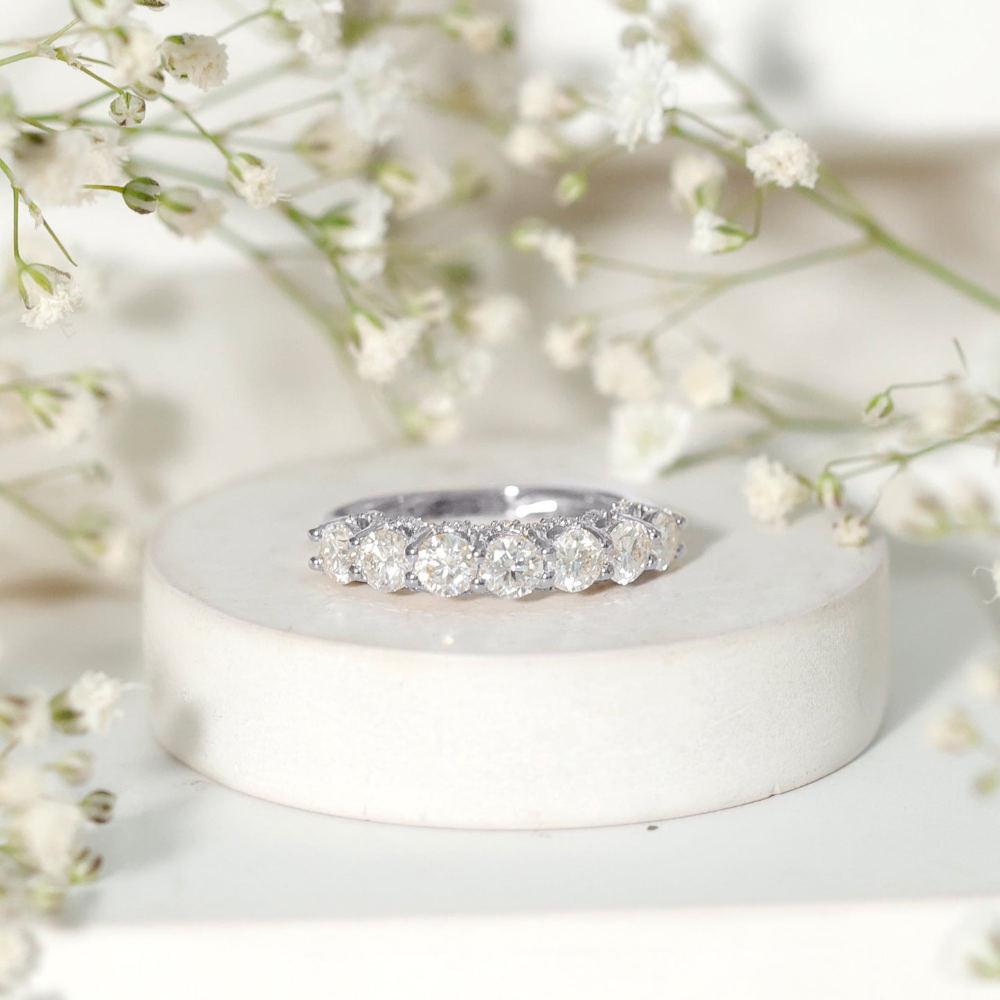 Shared Prong Set Round Moissanite Designer Wedding Band