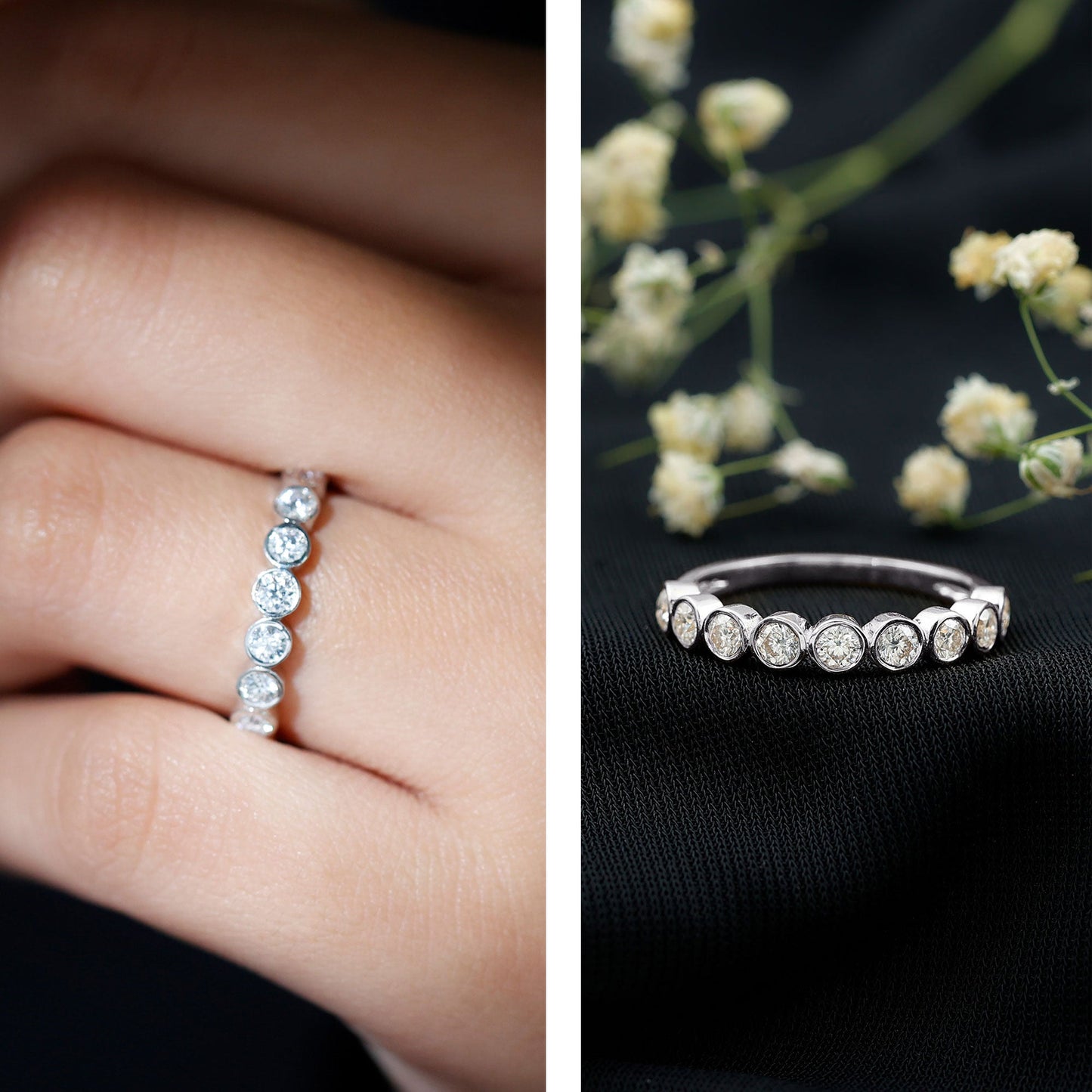 Bezel Set Moissanite Half Eternity Band Ring