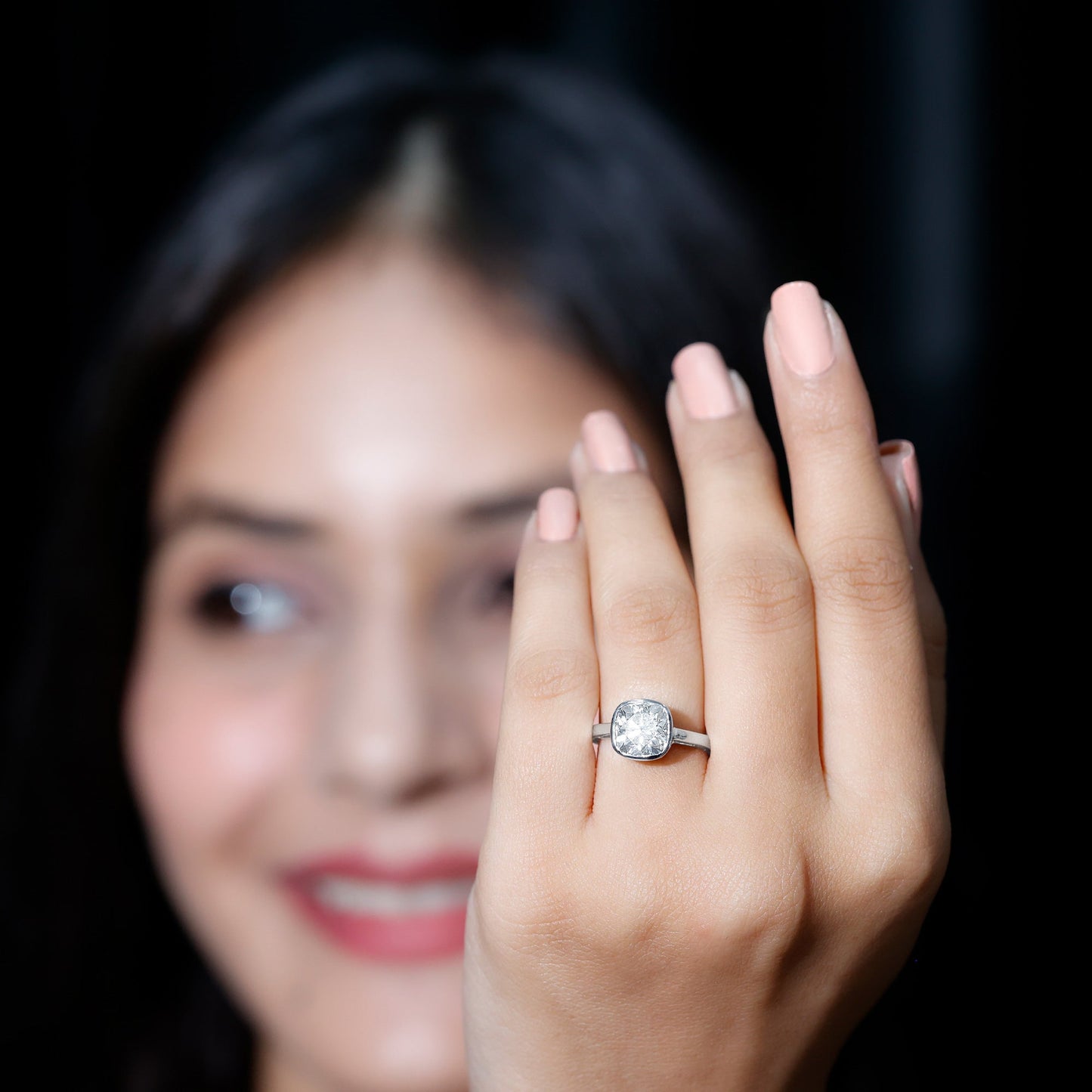 Bezel Set Cushion Cut Moissanite Solitaire Engagement Ring