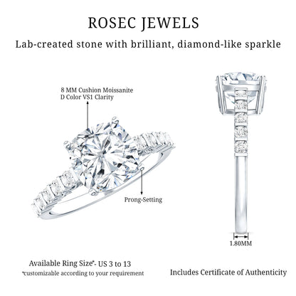 Solitaire Moissanite Cushion Cut Engagement Ring with Side Stones