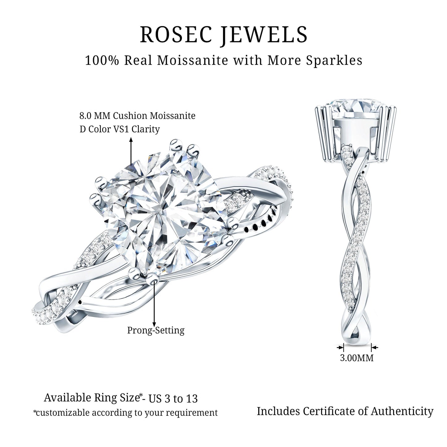 Cushion Cut Solitaire Moissanite Braided Engagement Ring