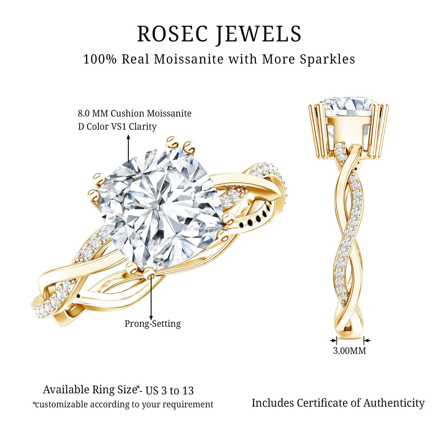 Cushion Cut Solitaire Moissanite Braided Engagement Ring