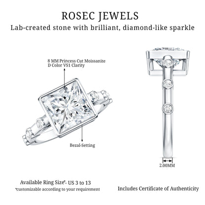 Bezel Set Moissanite Princess Cut Engagement Ring with Spaced Accent