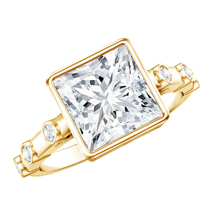 Bezel Set Moissanite Princess Cut Engagement Ring with Spaced Accent