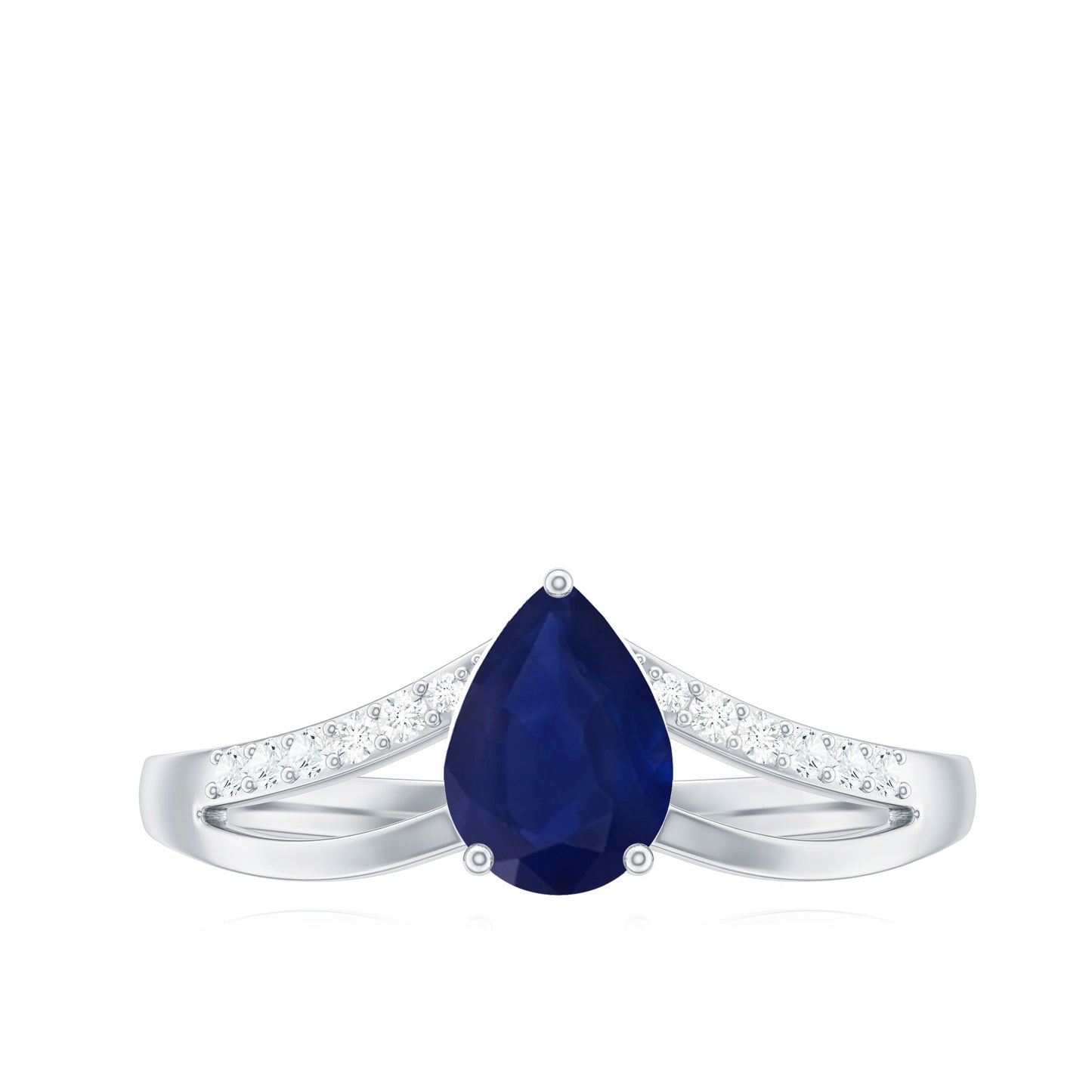 Pear Cut Solitaire Blue Sapphire Split Shank Ring with Diamond