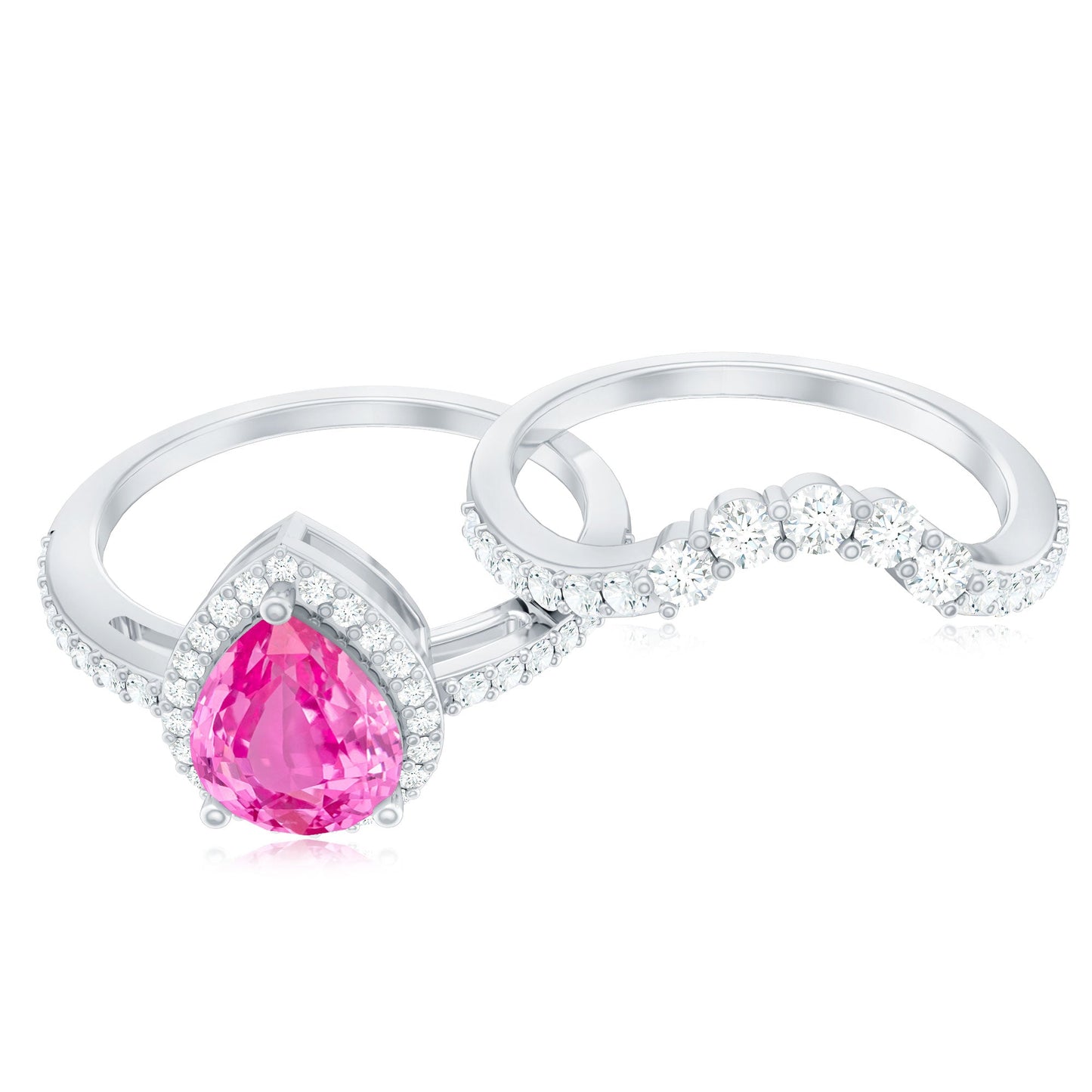Pear Created Pink Sapphire Teardrop Ring Set with Moissanite Band