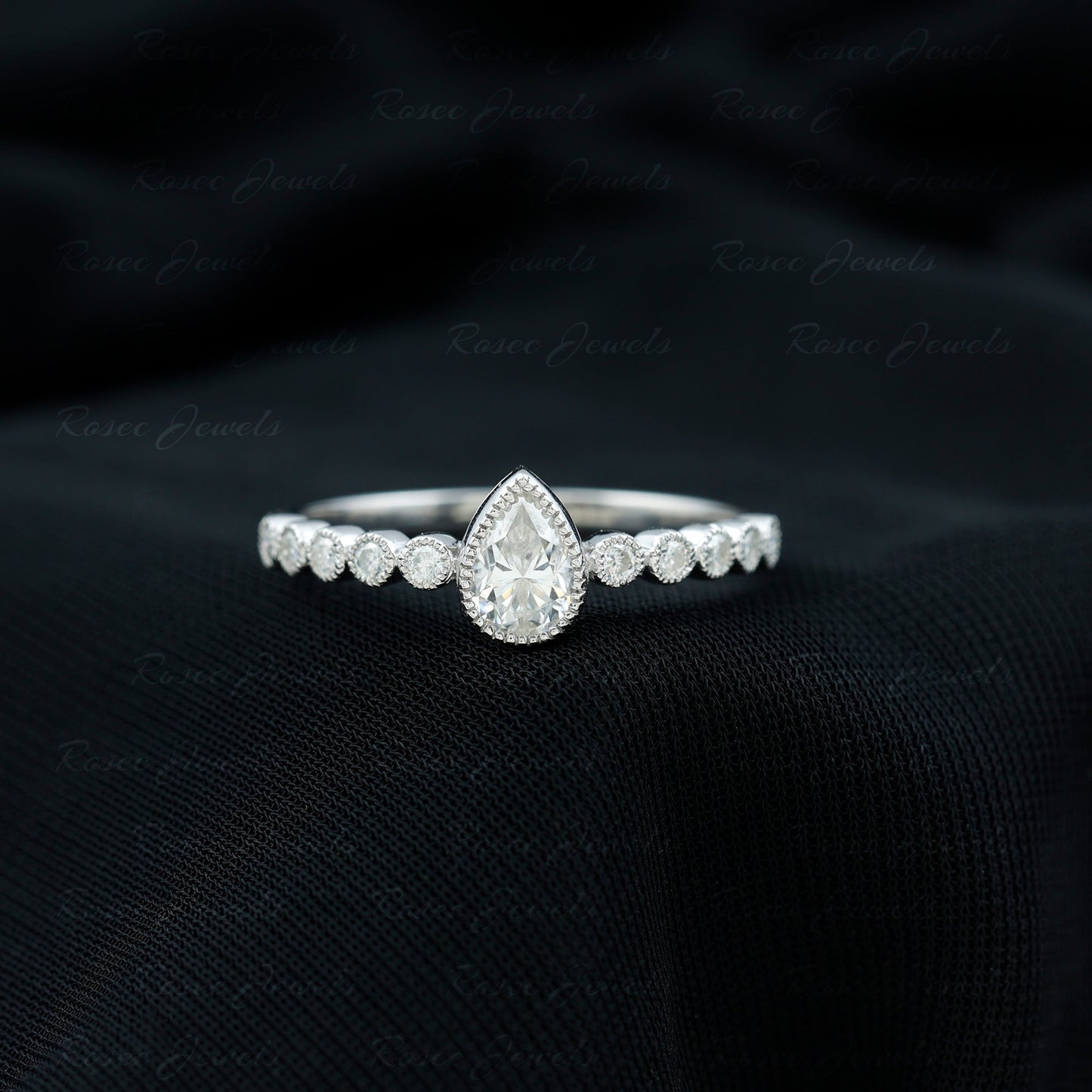 Beaded Bezel Set Moissanite Pear Engagement Ring
