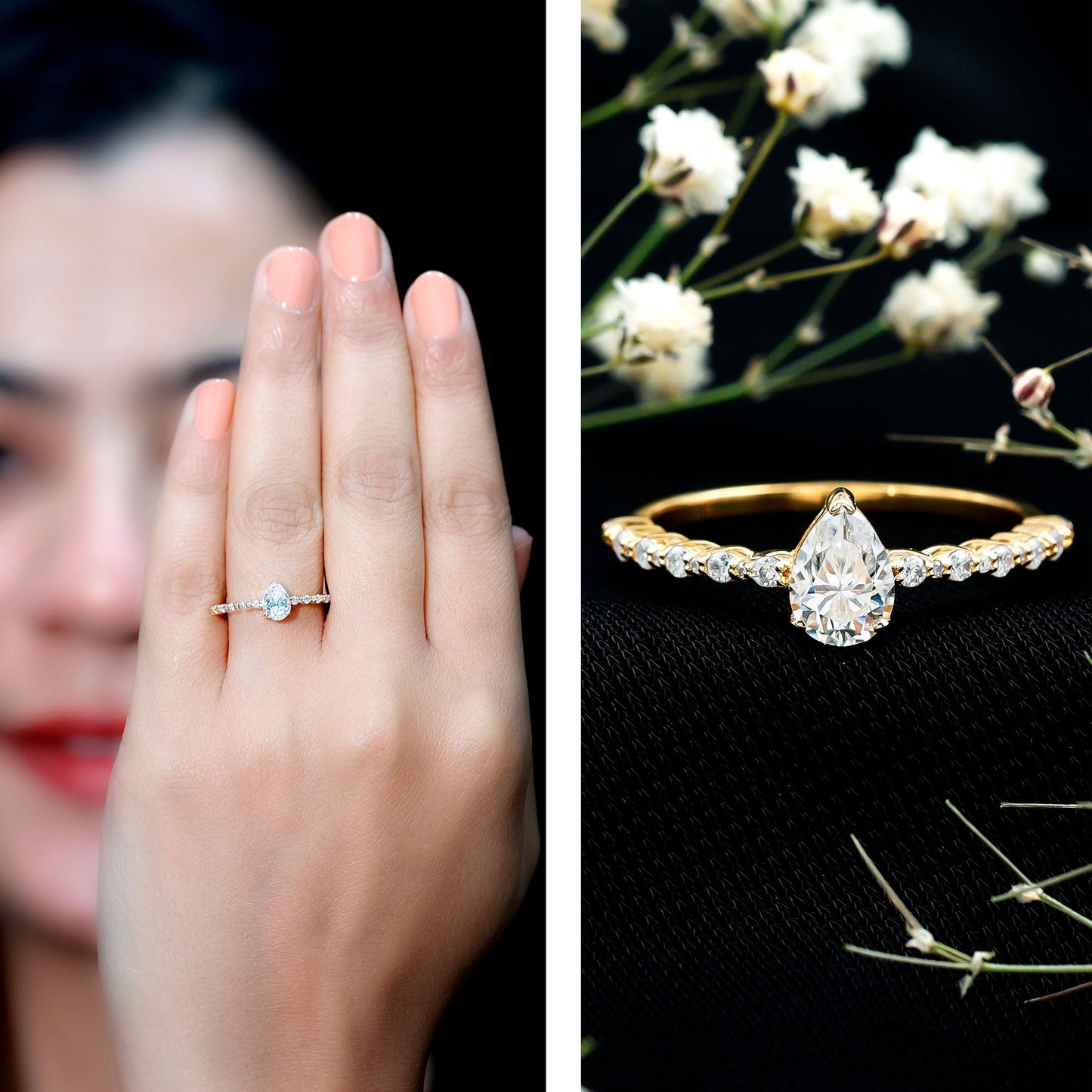 Beaded Bezel Set Moissanite Pear Engagement Ring