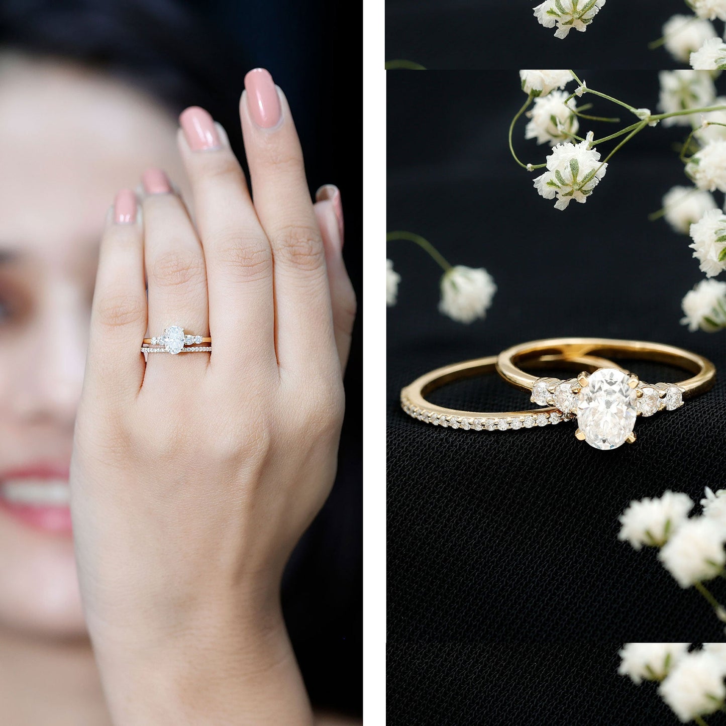 Certified Moissanite Oval Engagement Ring with Wedding Band