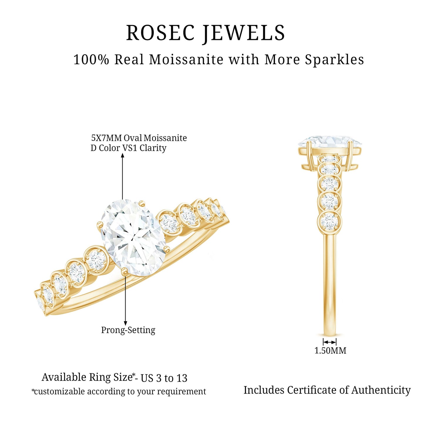 Certified Moissanite Oval Cut Engagement Ring with Side Stones