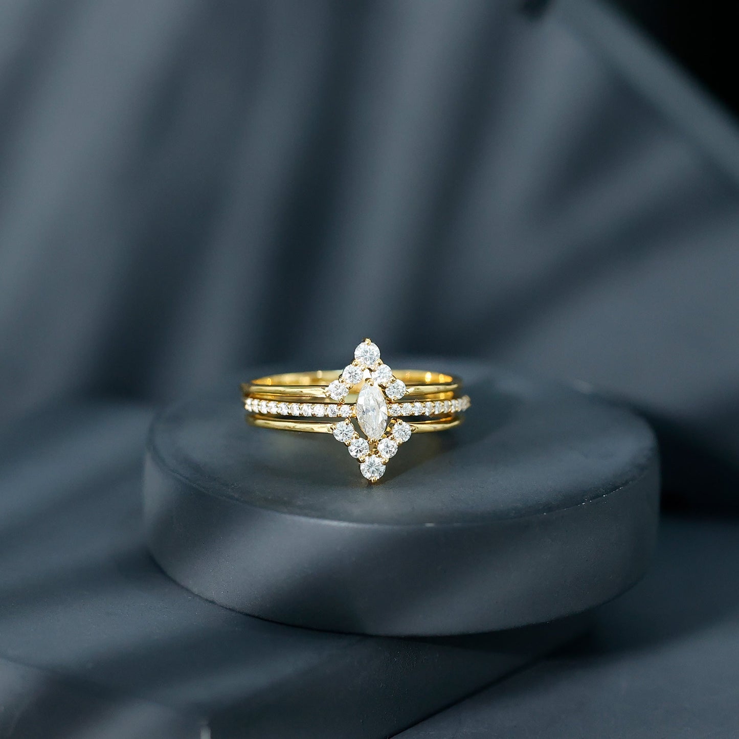 Marquise Cut Moissanite Solitaire Trio Ring Set