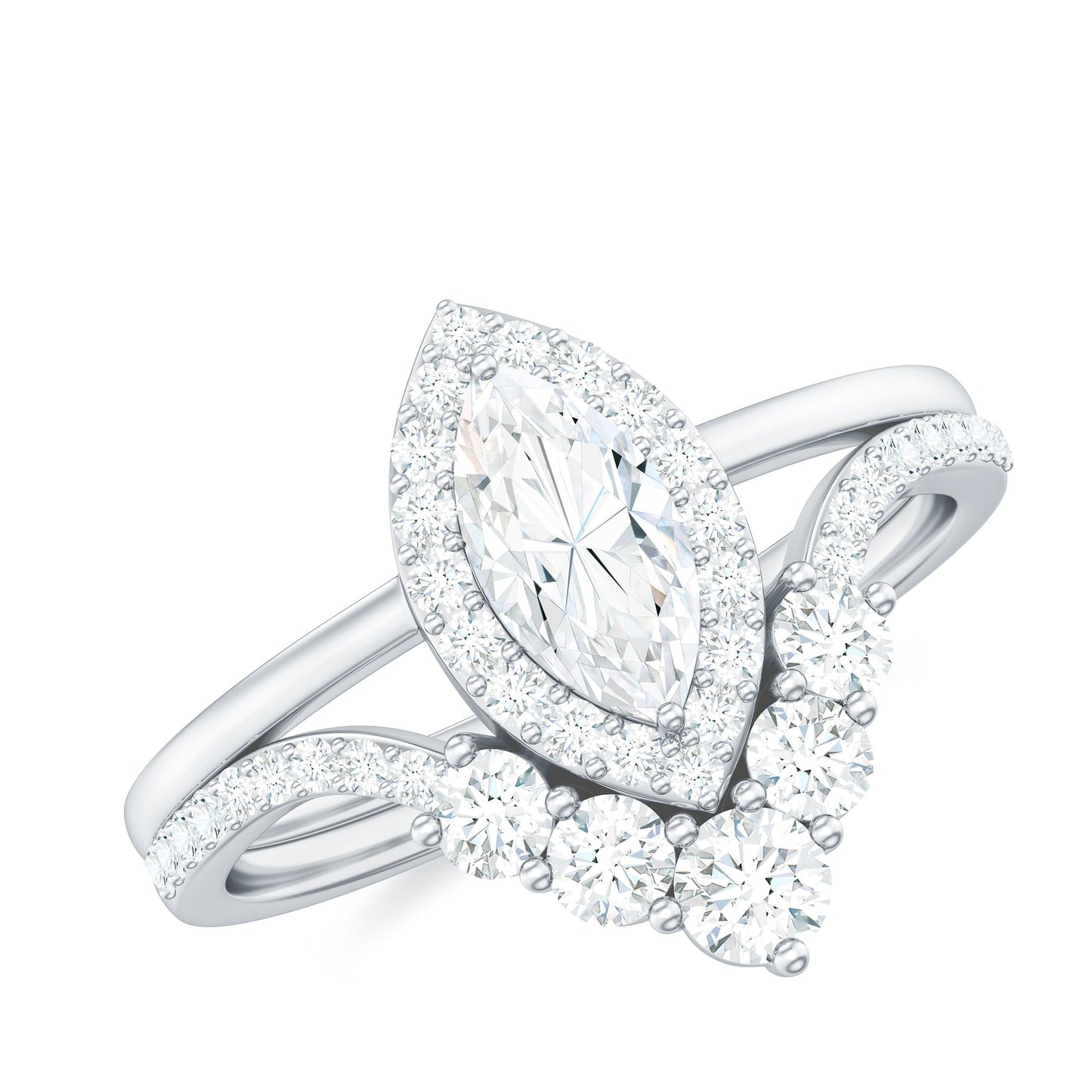 Marquise Cut Moissanite Halo Engagement Ring with Chevron Wedding Band