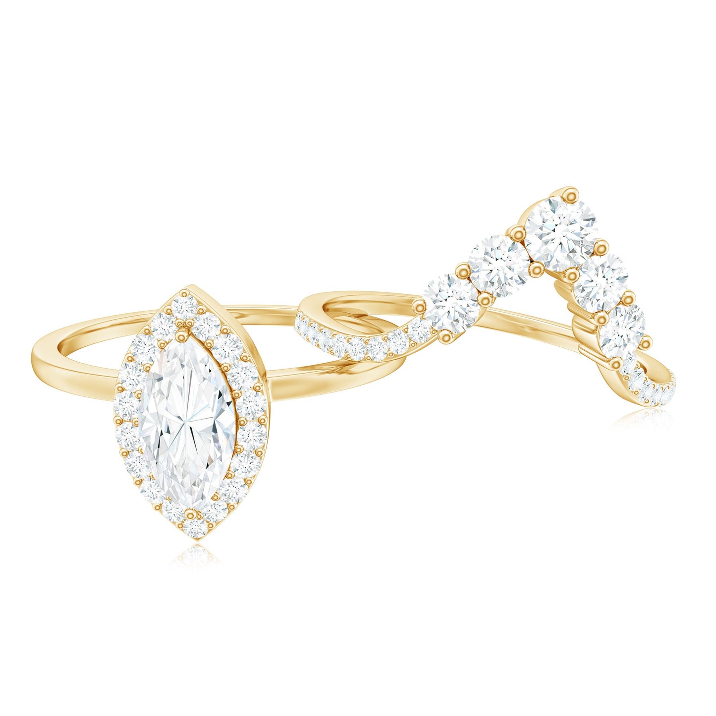 Marquise Cut Moissanite Halo Engagement Ring with Chevron Wedding Band