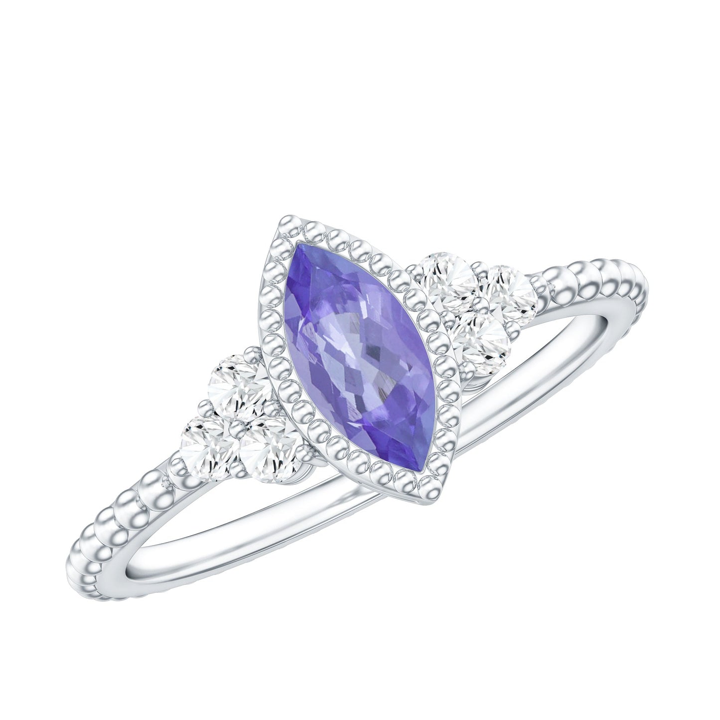 Vintage Style Marquise Tanzanite Promise Ring with Diamond Trio
