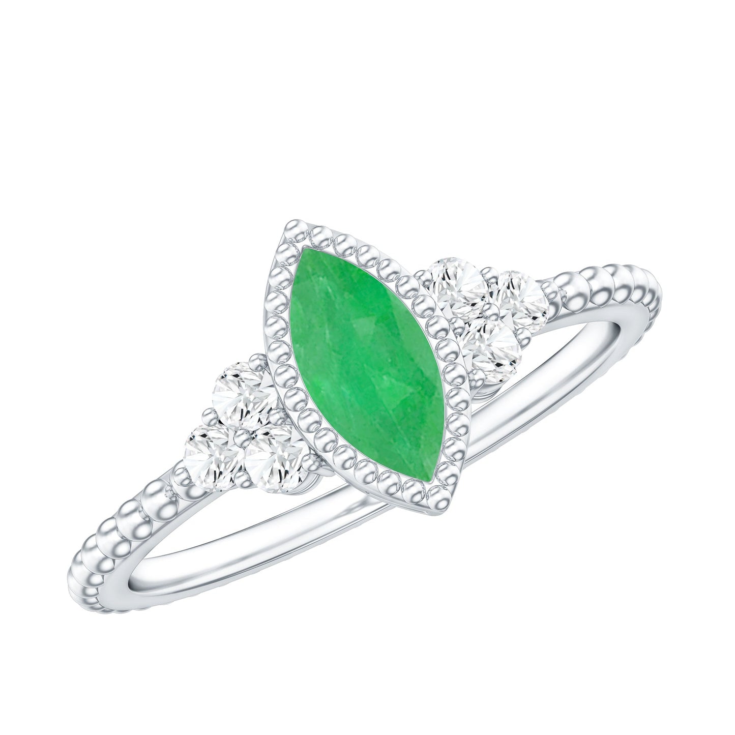 Vintage Inspired Emerald Promise Engagement Ring with Trio Diamond