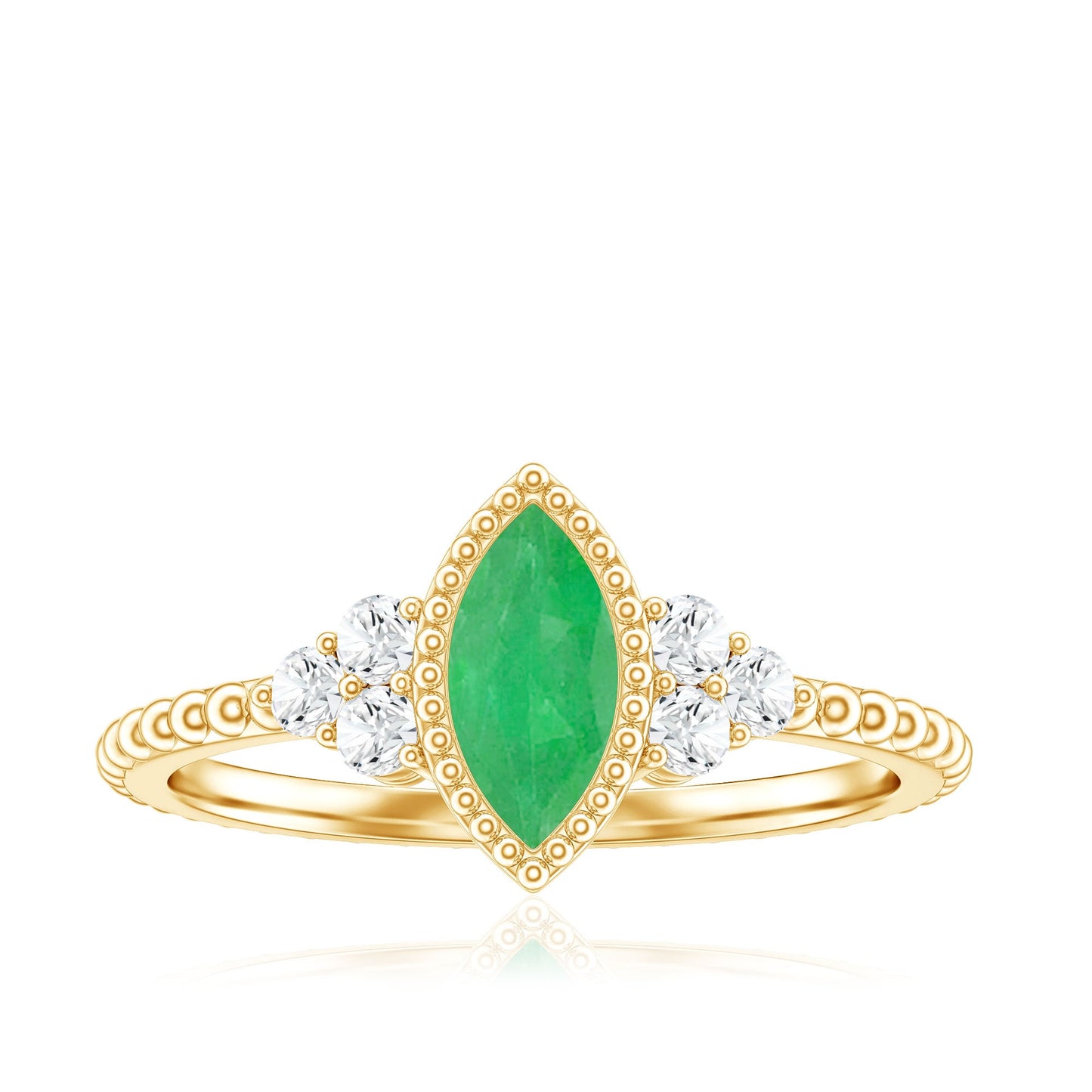 Vintage Inspired Emerald Promise Engagement Ring with Trio Diamond