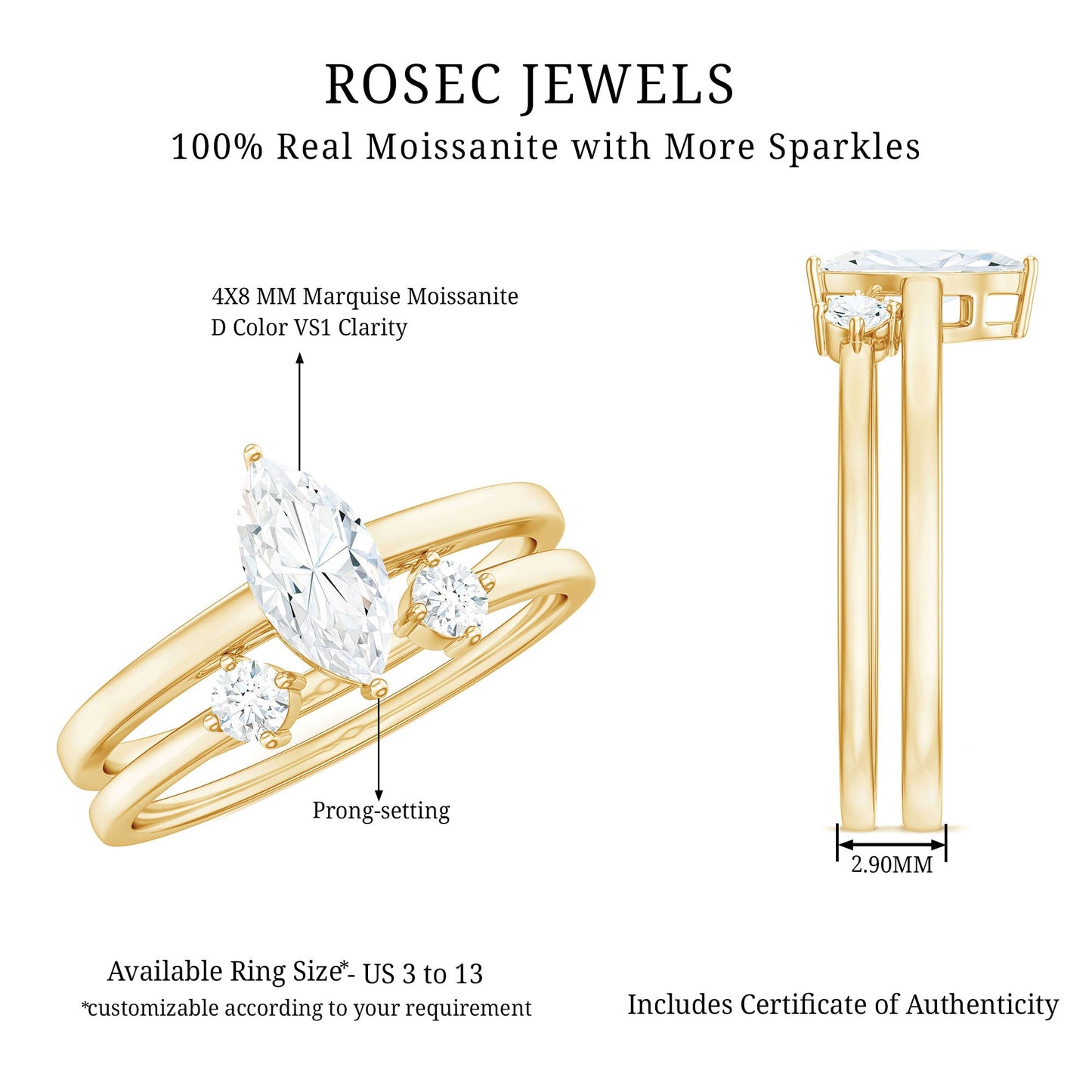 Marquise Cut Moissanite Engagement Ring with Stackable Band