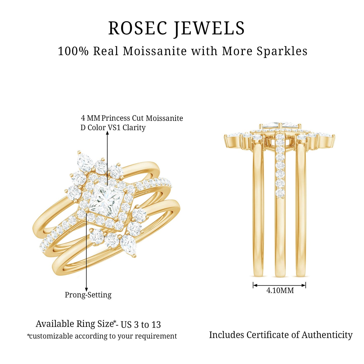 Princess Cut Moissanite Trio Bridal Ring Set with Certificate