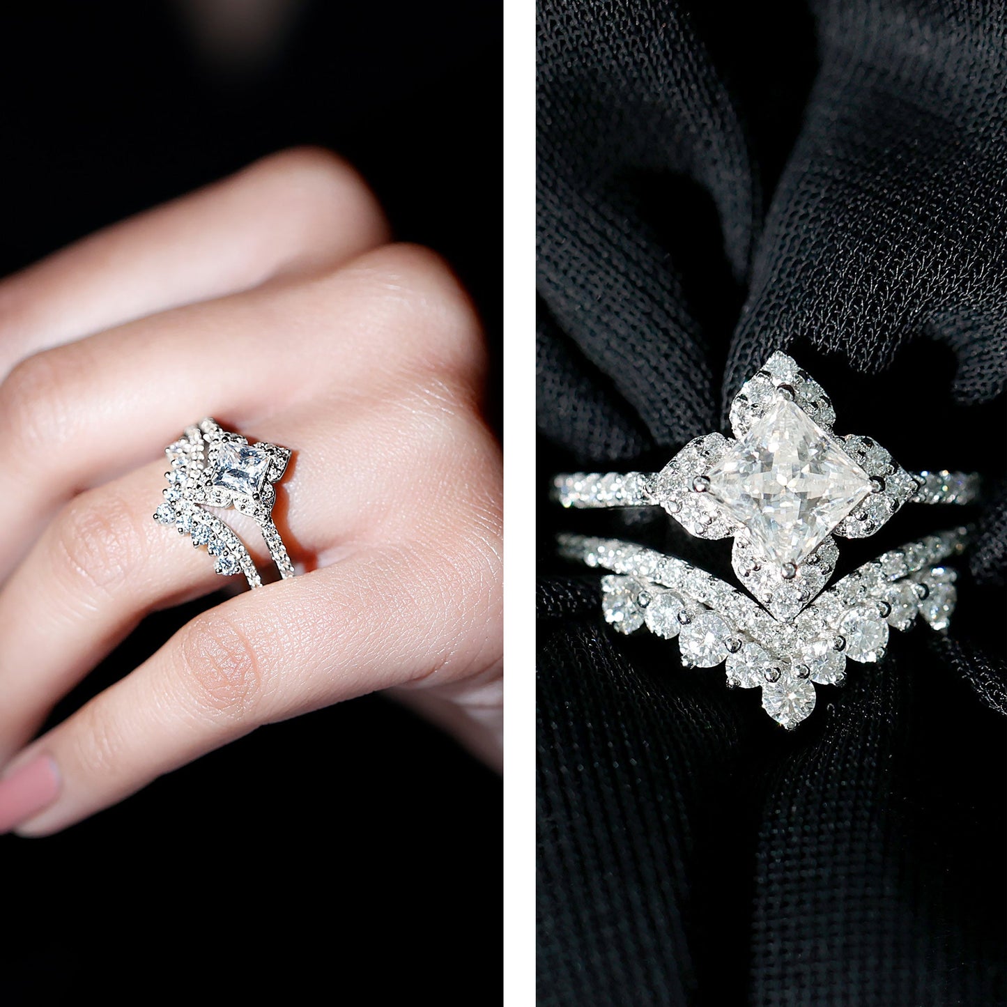 Certified Princess Cut Cubic Zirconia Flower Engagement Ring with Wedding Band
