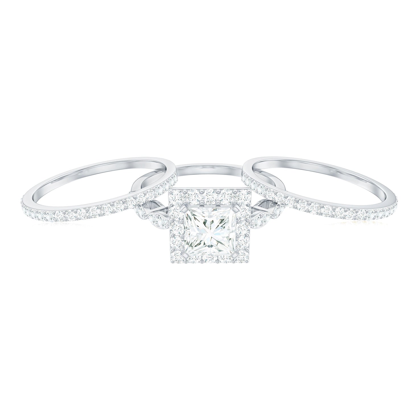 Princess Cut Moissanite Halo Engagement Ring with Wedding Bands