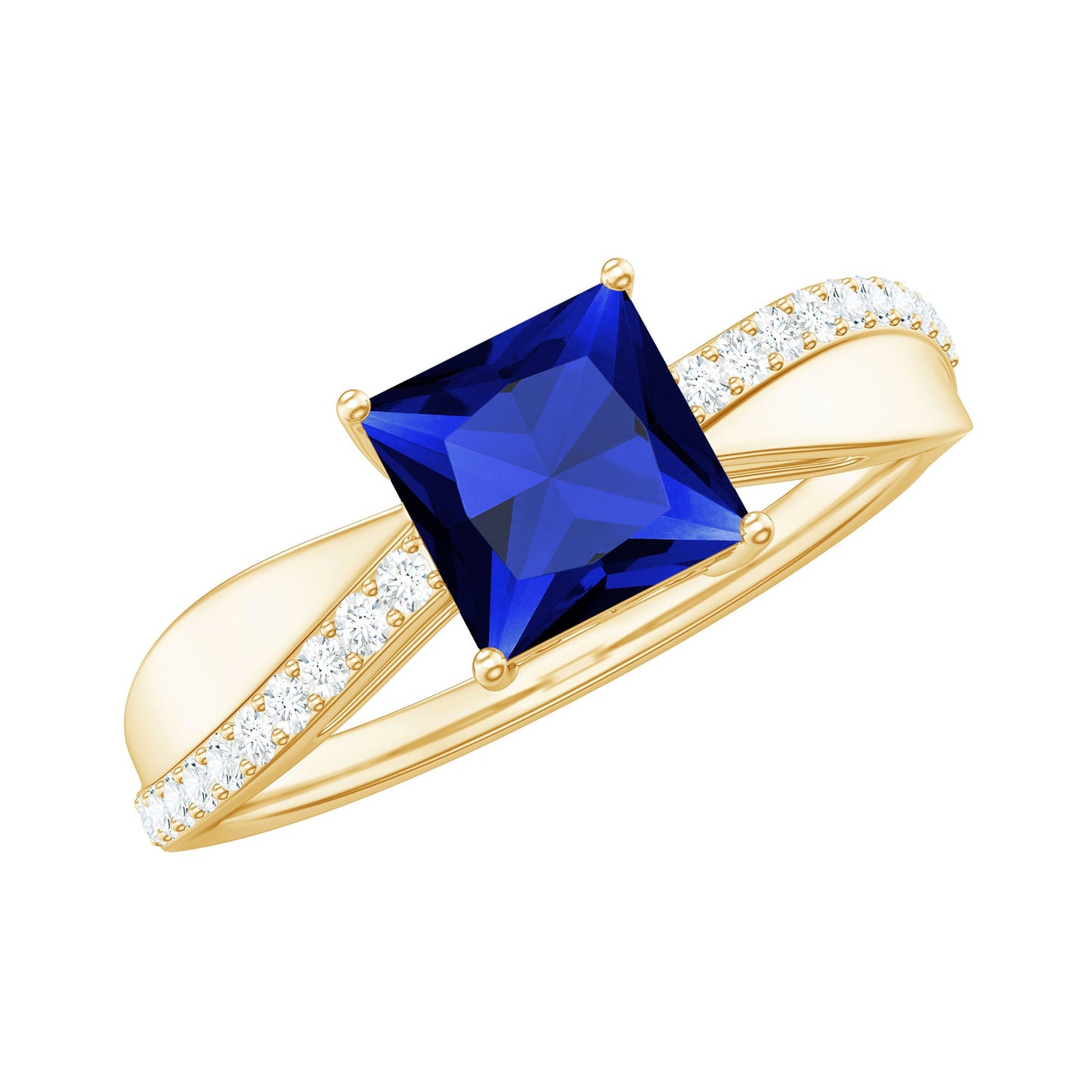 Certified 1.5 Carat Lab Grown Blue Sapphire Princess Cut Engagement Ring with Diamond