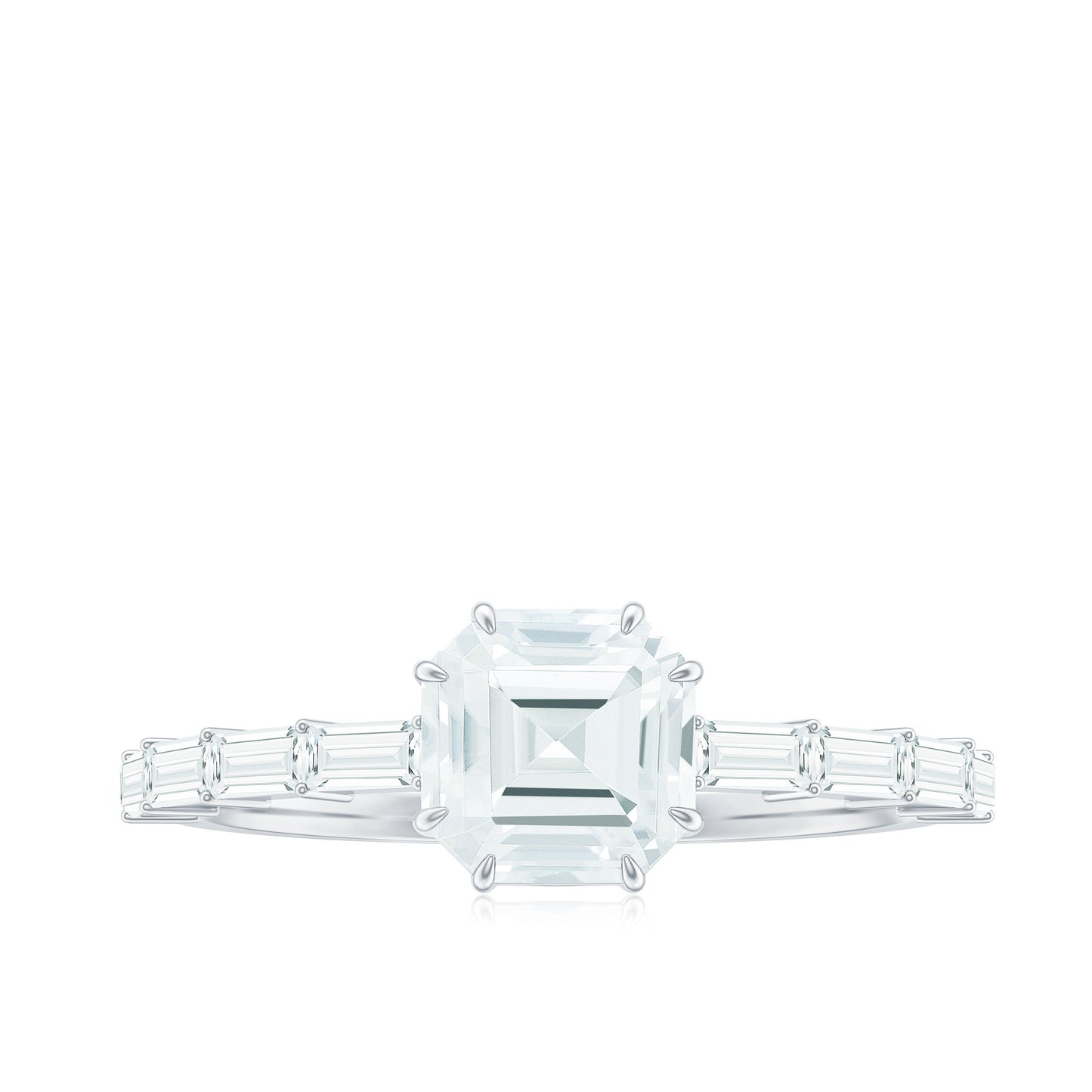 Asscher Cut Moissanite Engagement Ring with Baguette Side Stones