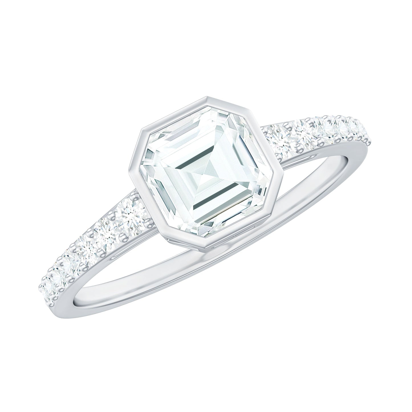 Asscher Cut Moissanite Solitaire Engagement Ring in Bezel Setting