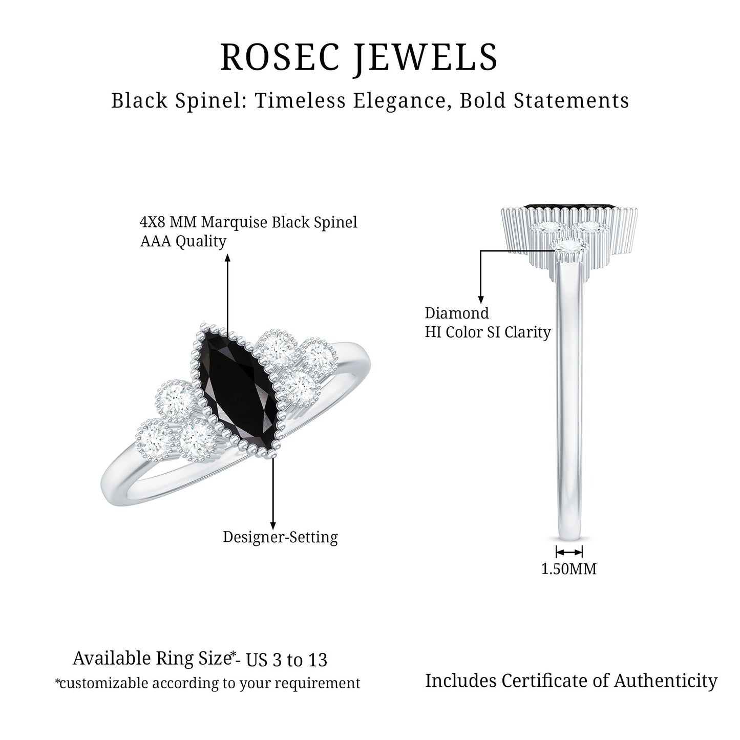 Natural Marquise Black Spinel Engagement Ring with Diamond Trio