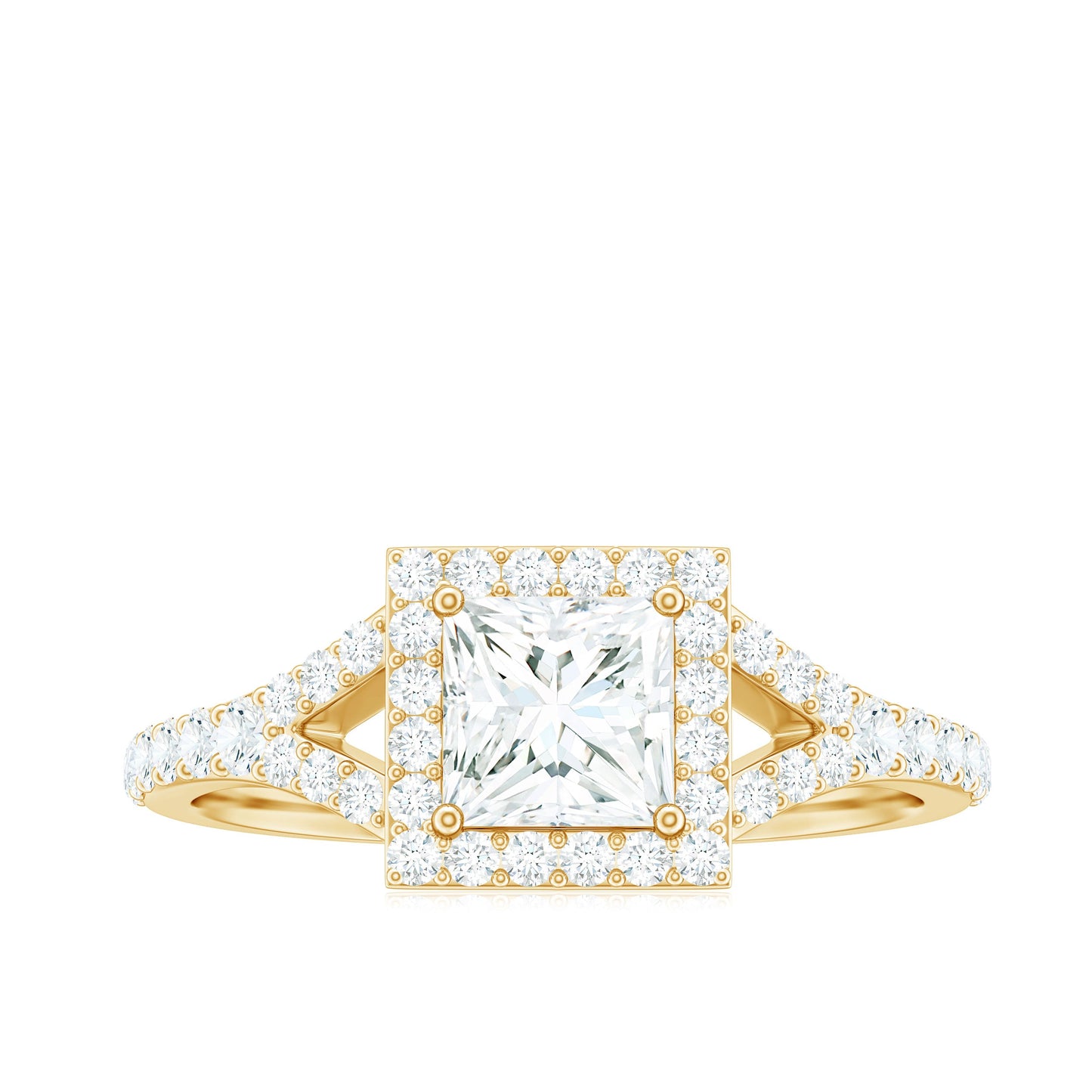 Princess Cut Moissanite Halo Engagement Ring with Split Band
