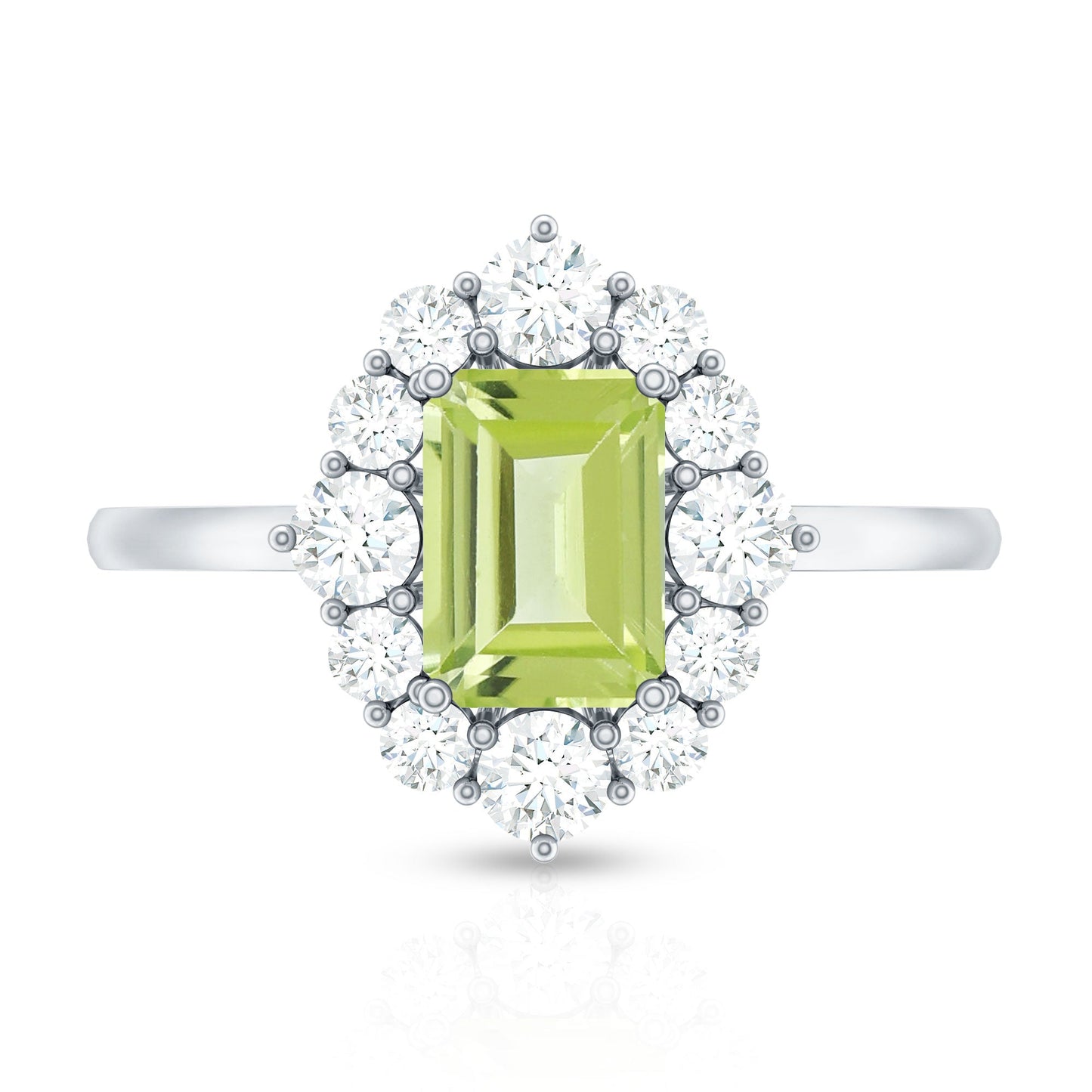 Natural 1.8 Carat Peridot Emerald Cut Engagement Ring with Diamond Halo