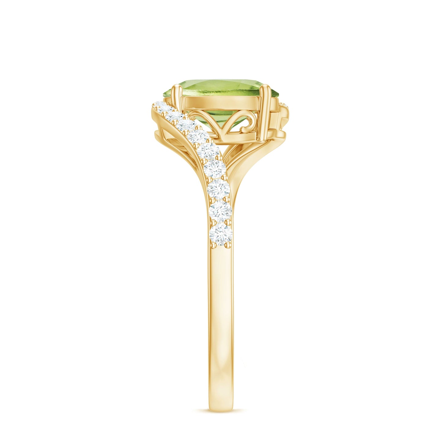 Natural 1 Carat Oval Peridot Engagement Ring with Diamond Bypass Shank