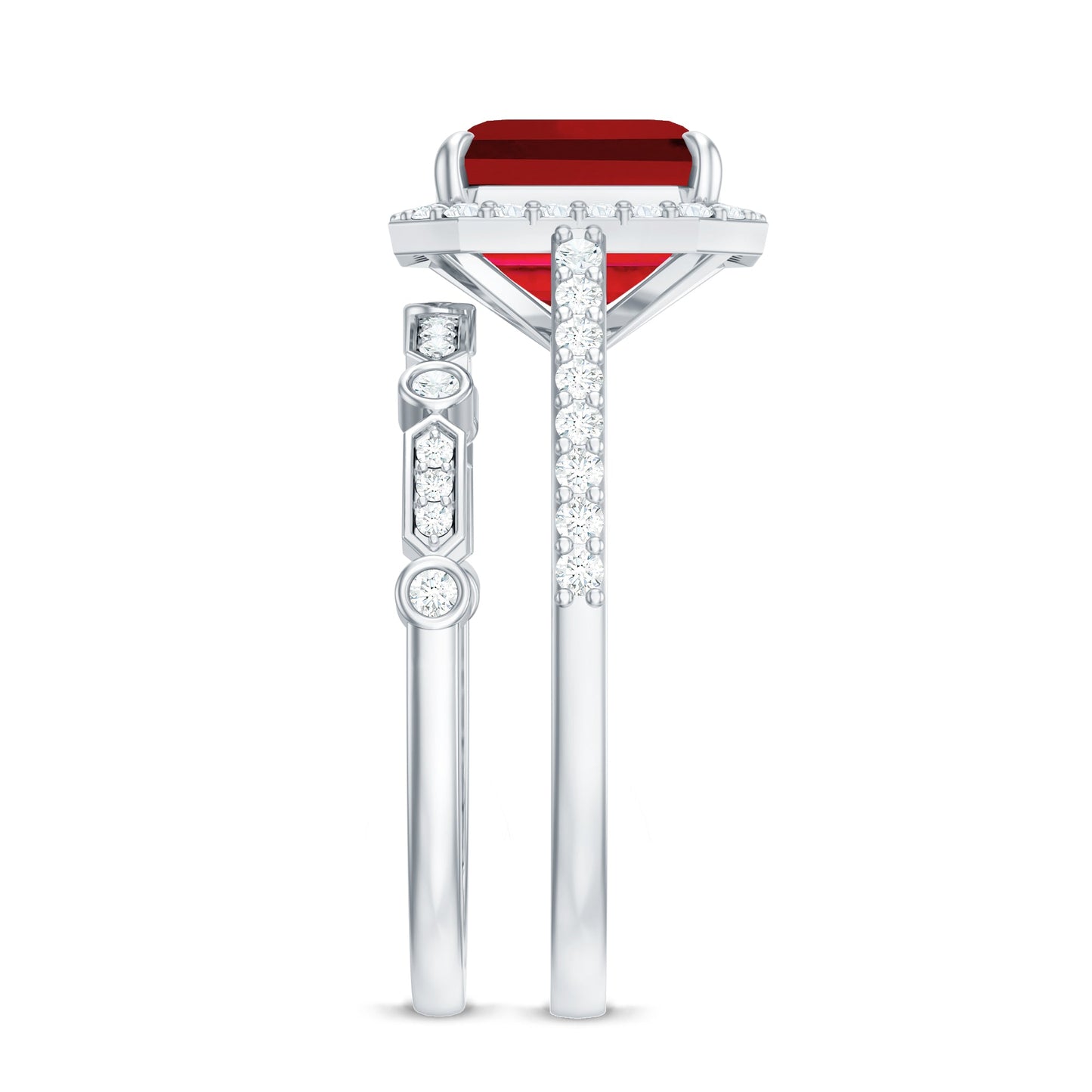 Lab Grown Ruby and Diamond Asscher Cut Engagement Ring With Enhancer
