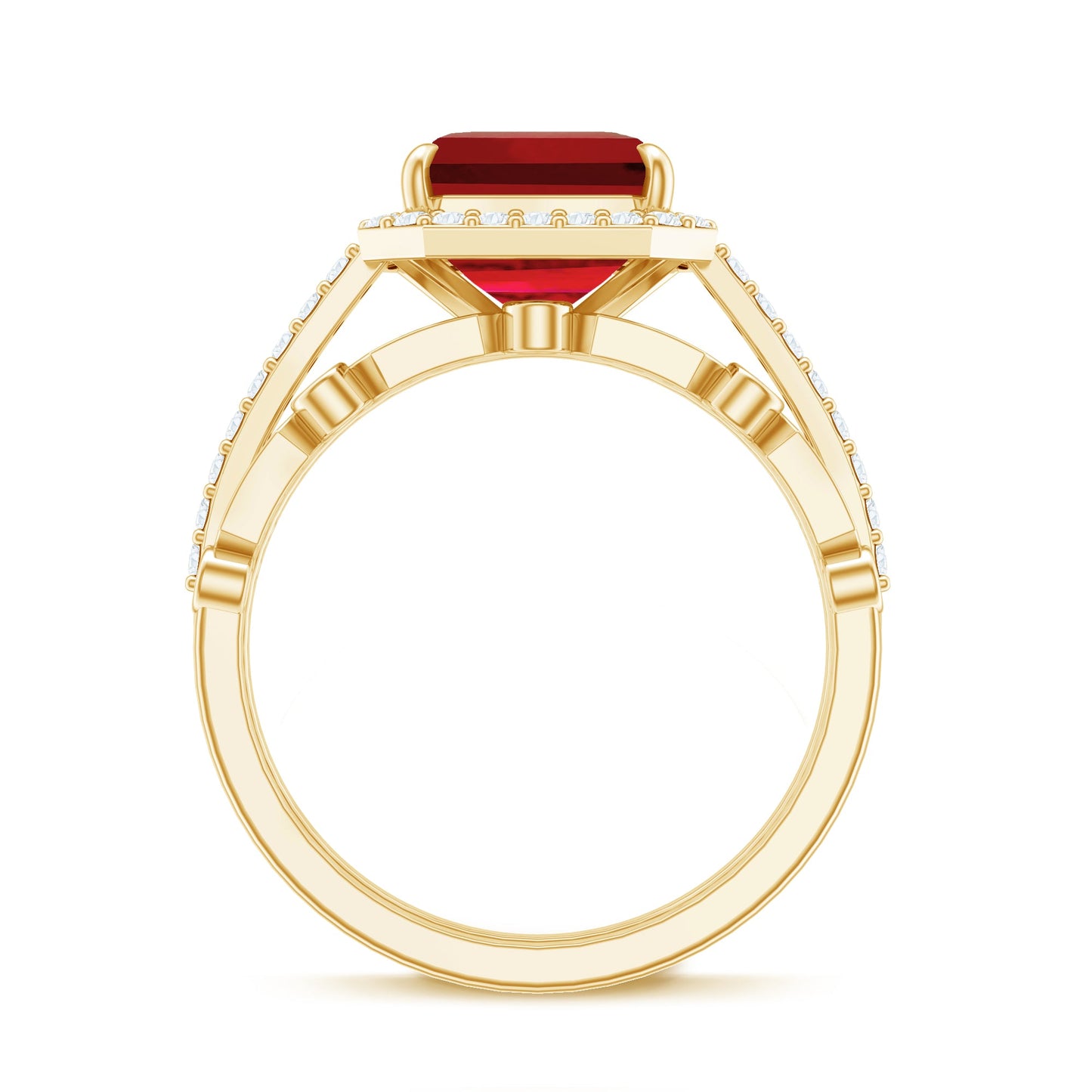 Lab Grown Ruby and Diamond Asscher Cut Engagement Ring With Enhancer
