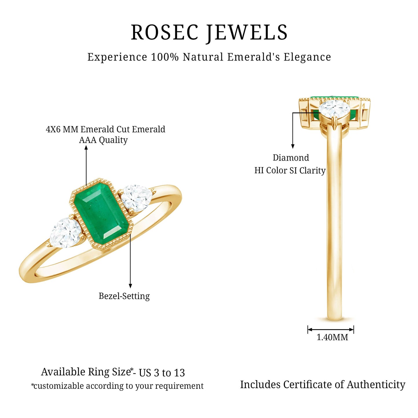 0.6 Carat Emerald 3 Stone Ring with Diamond