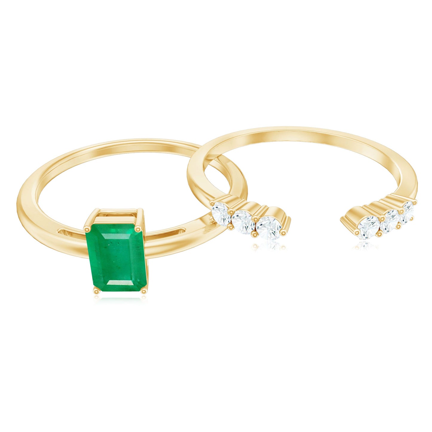 Natural 0.6 Carat Emerald Cut Emerald Diamond Engagement Wedding Ring Set of 2
