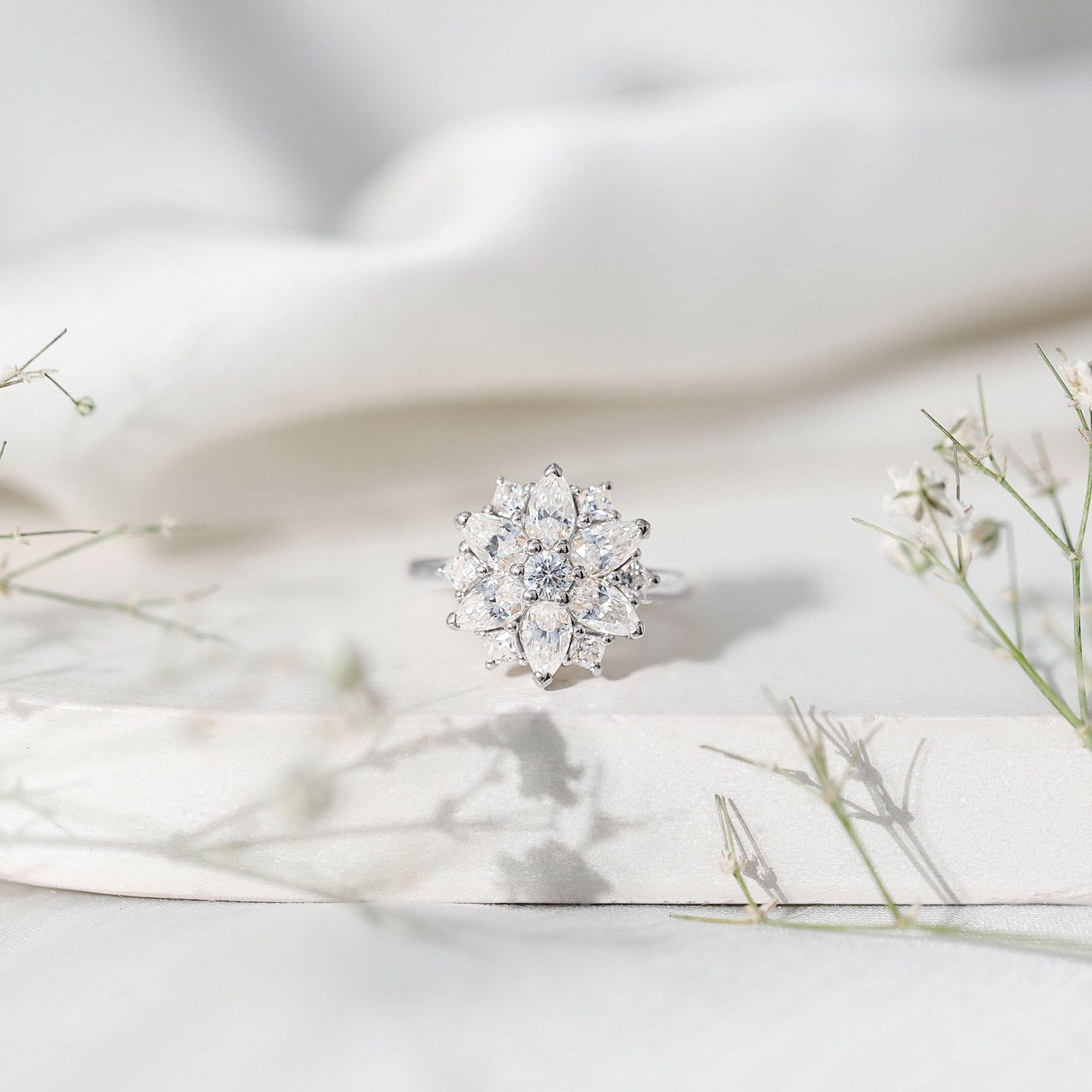 Womens Moissanite Flower Engagement Ring with Certificate